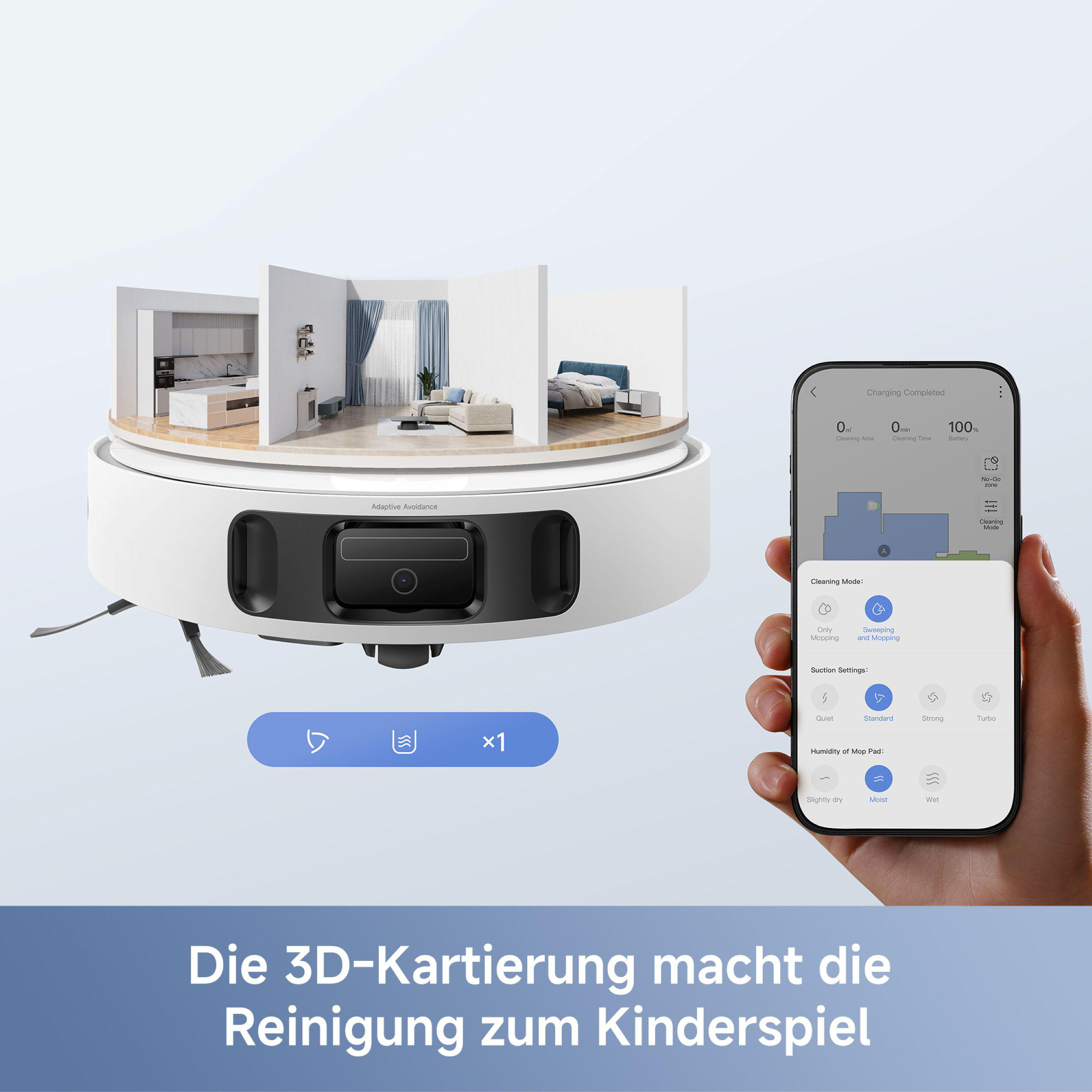 Ein weißer Roboter-Staubsauger mit einem Smartphone, das eine Reinigungsplan und Modusoptionen zeigt.