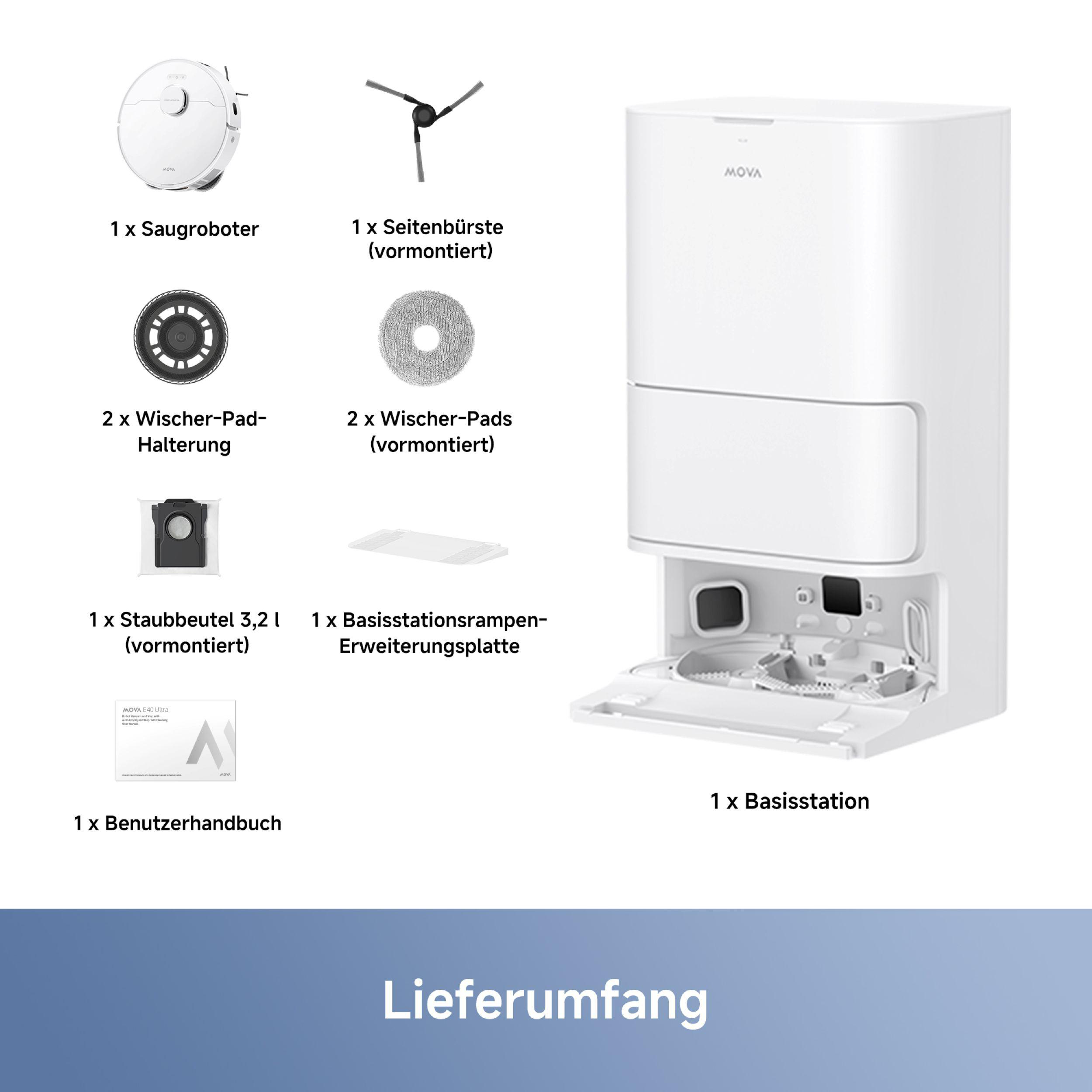 Das Bild zeigt einen weißen Roboter-Staubsauger mit Zubehör wie Seitenbürsten, Wischtüchern und einer Basisstation.