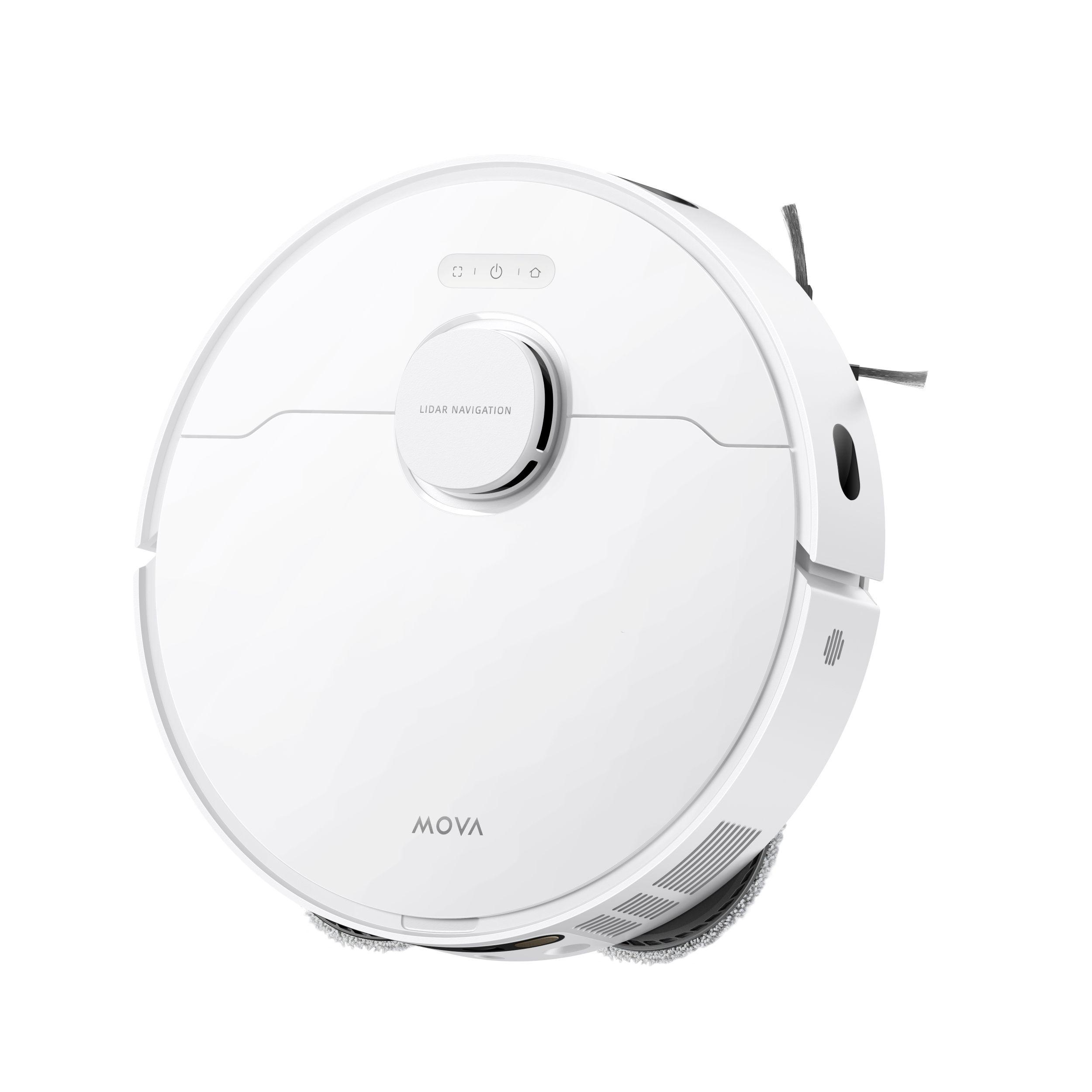 Weißer Roboter-Staubsauger, rund mit LIDAR-Sensor. Verfügt über eine Ein-/Aus-Taste und einen Reinigungskopf. 'MOVA' ist darauf gedruckt.