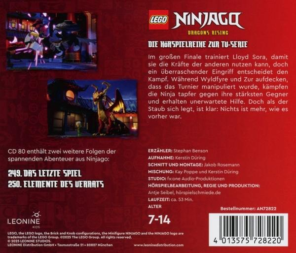 Eine LEGO Ninjago Box. Sie zeigt Bilder von Charakteren in Aktion, mit Text über eine Geschichte und eine Episodenliste.