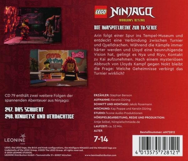 Lego Ninjago CD-Cover, roter Hintergrund, mit Lego-Figuren. Text auf Deutsch beschreibt die Geschichte. Enthält einen Barcode und Logo.