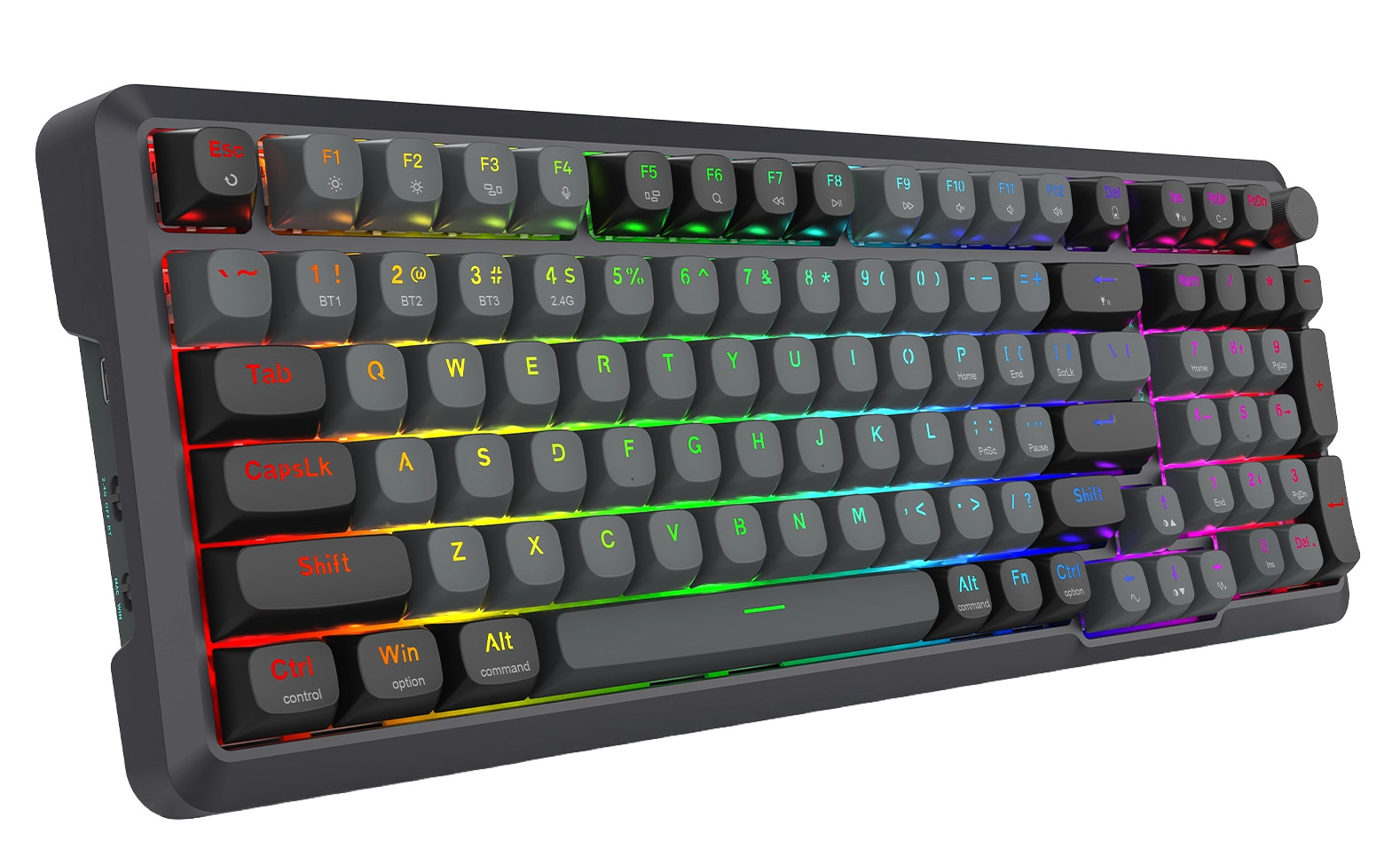 Szara klawiatura mechaniczna z podświetlanymi klawiszami. Klawisze są czarne z białymi literami. Podświetlenie pokazuje wiele kolorów.