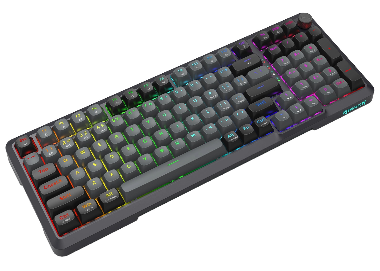 Czarna klawiatura mechaniczna z podświetleniem RGB. Klawisze mają litery, cyfry i symbole. Logo Redragon po prawej.