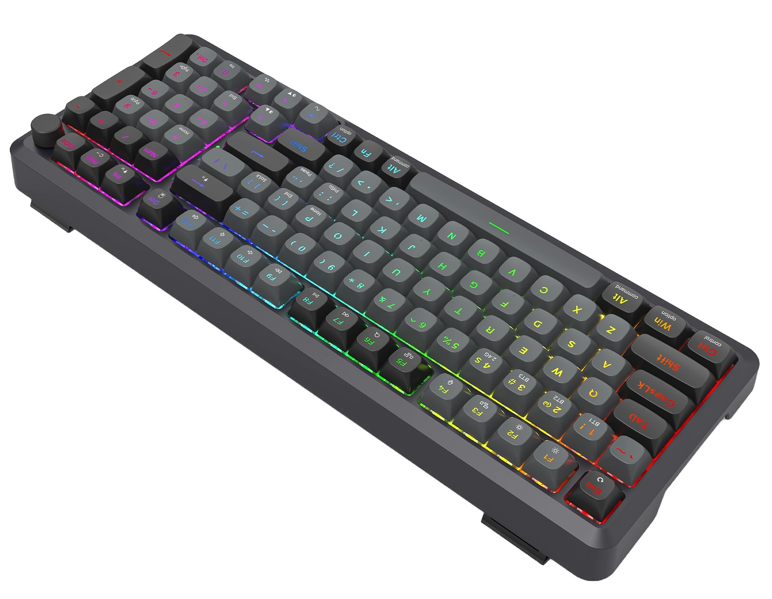 Klawiatura mechaniczna z szarymi klawiszami i kolorowymi światłami LED. Klawisze mają białe znaki.
