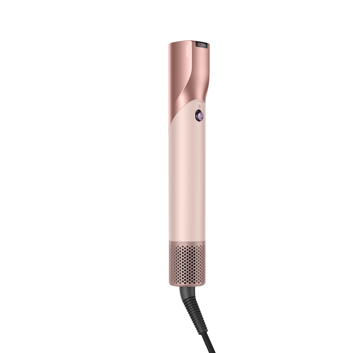 Een roségouden haarstylingtool, met een cilindrisch ontwerp, geperforeerde basis en aan/uit-knop, tegen een witte achtergrond.