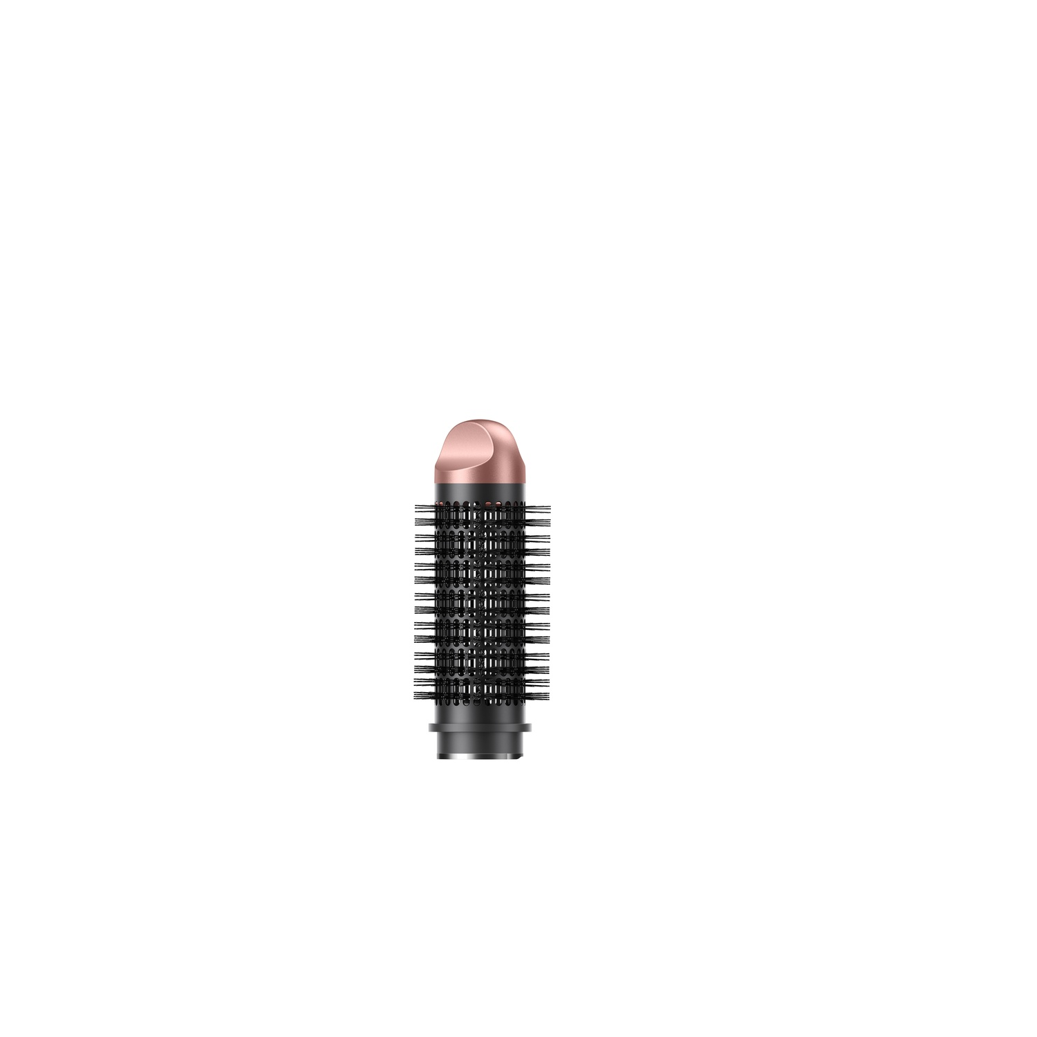 Een haarstylingtool met een roségouden kop en zwart borstelgedeelte op een witte achtergrond.