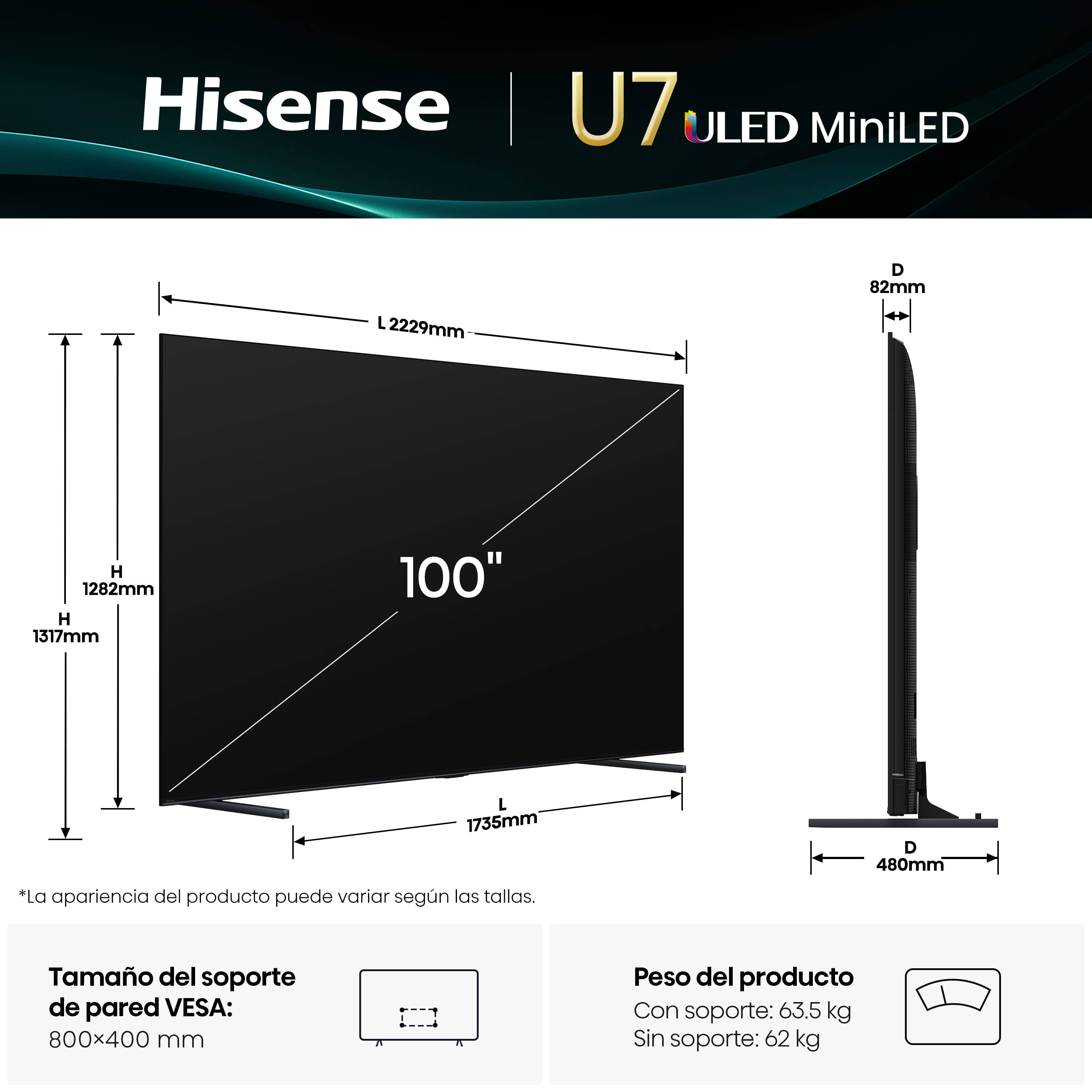 Un televisor Hisense U7 ULED MiniLED de 100 pulgadas. Las dimensiones se muestran con medidas. También se muestran las especificaciones para montaje en pared y peso.