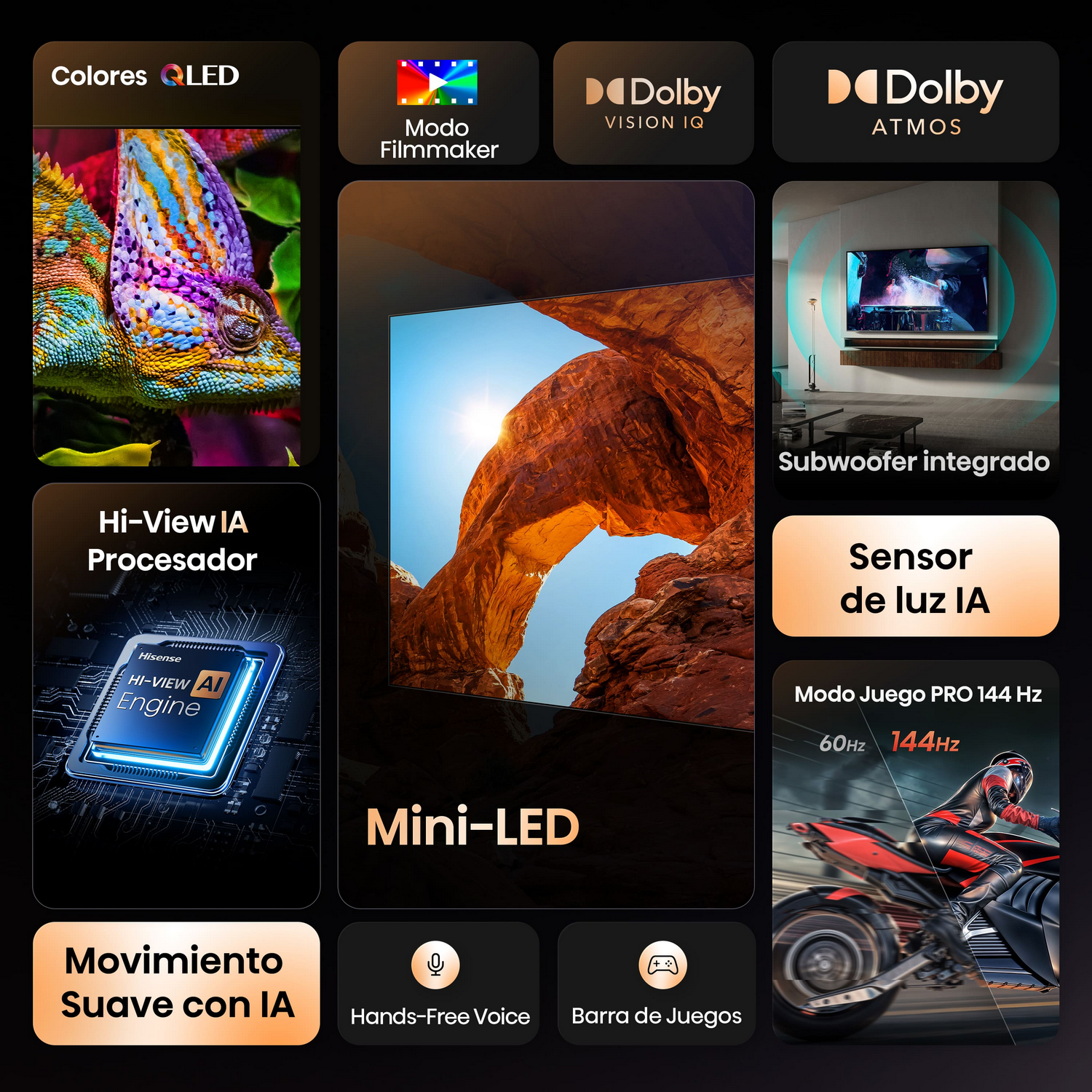Colores QLED. Modo Filmmaker. Dolby Vision y Atmos. Subwoofer integrado. Sensor LUZ. Modo Juego Pro. Movimiento Suave con IA. Hi-View Procesador