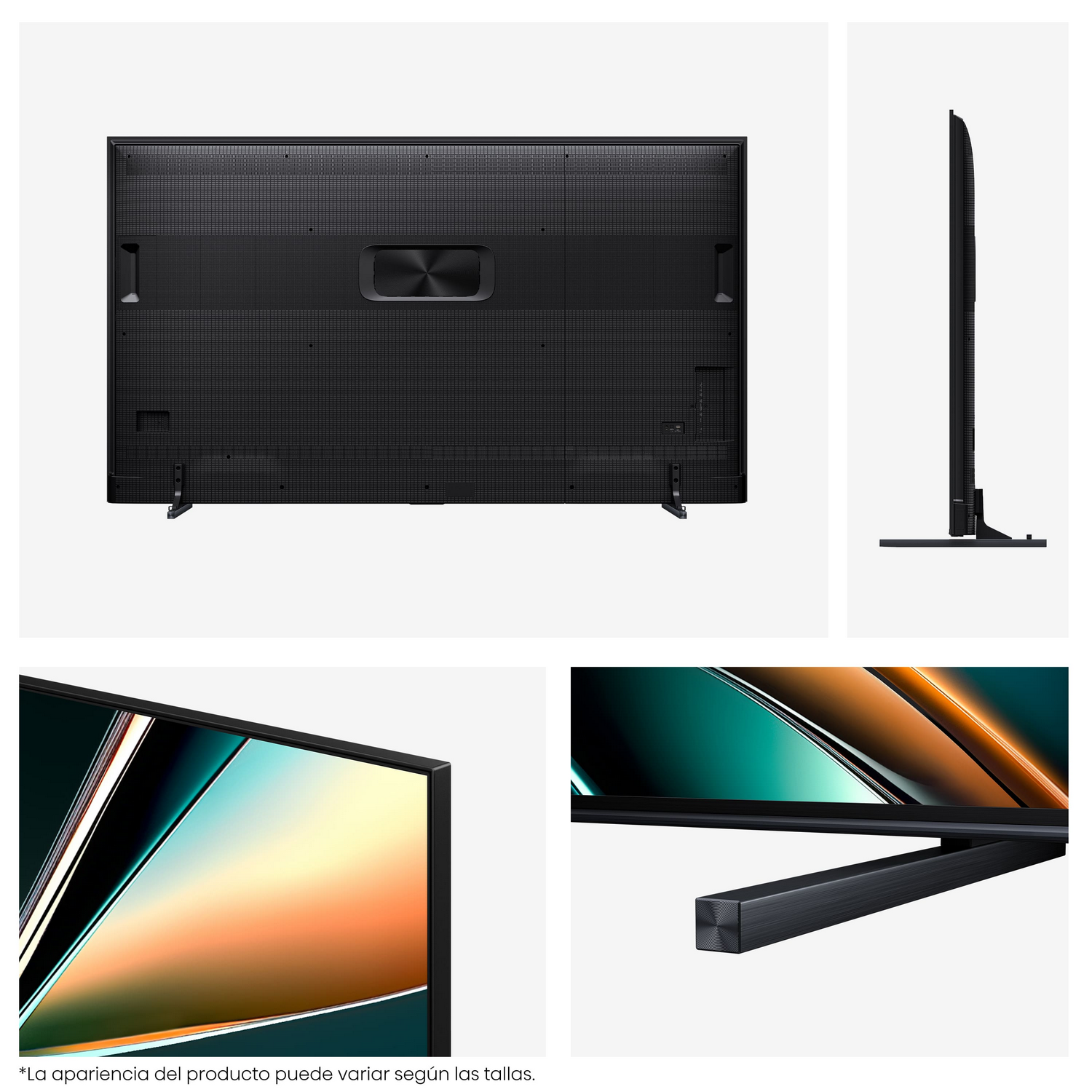 Un televisor negro con múltiples vistas, trasera, lateral y primeros planos de la pantalla y el soporte. La pantalla muestra una imagen abstracta colorida.