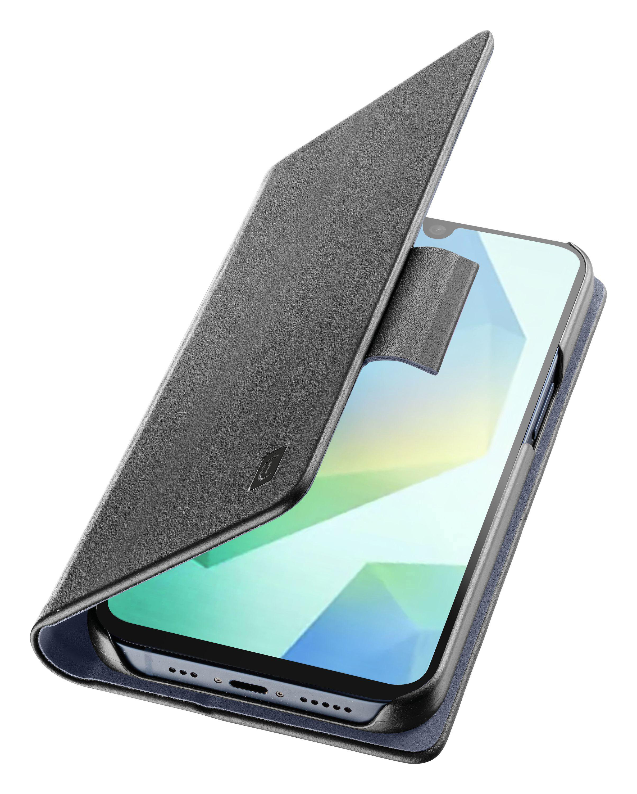 Graues Handy-Flipcase mit offenem Deckel auf einem Smartphone.
