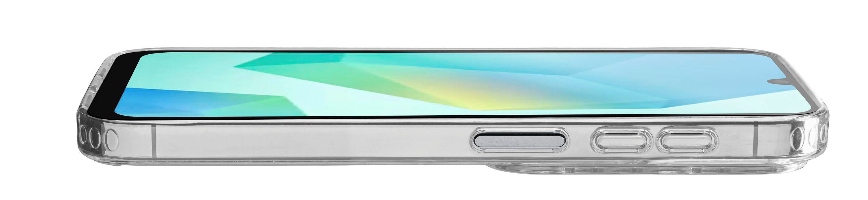 Eine transparente Handyhülle mit einem Handy darin. Der Bildschirm zeigt einen bunten Farbverlauf. Die Hülle hat Knopfaussparungen.