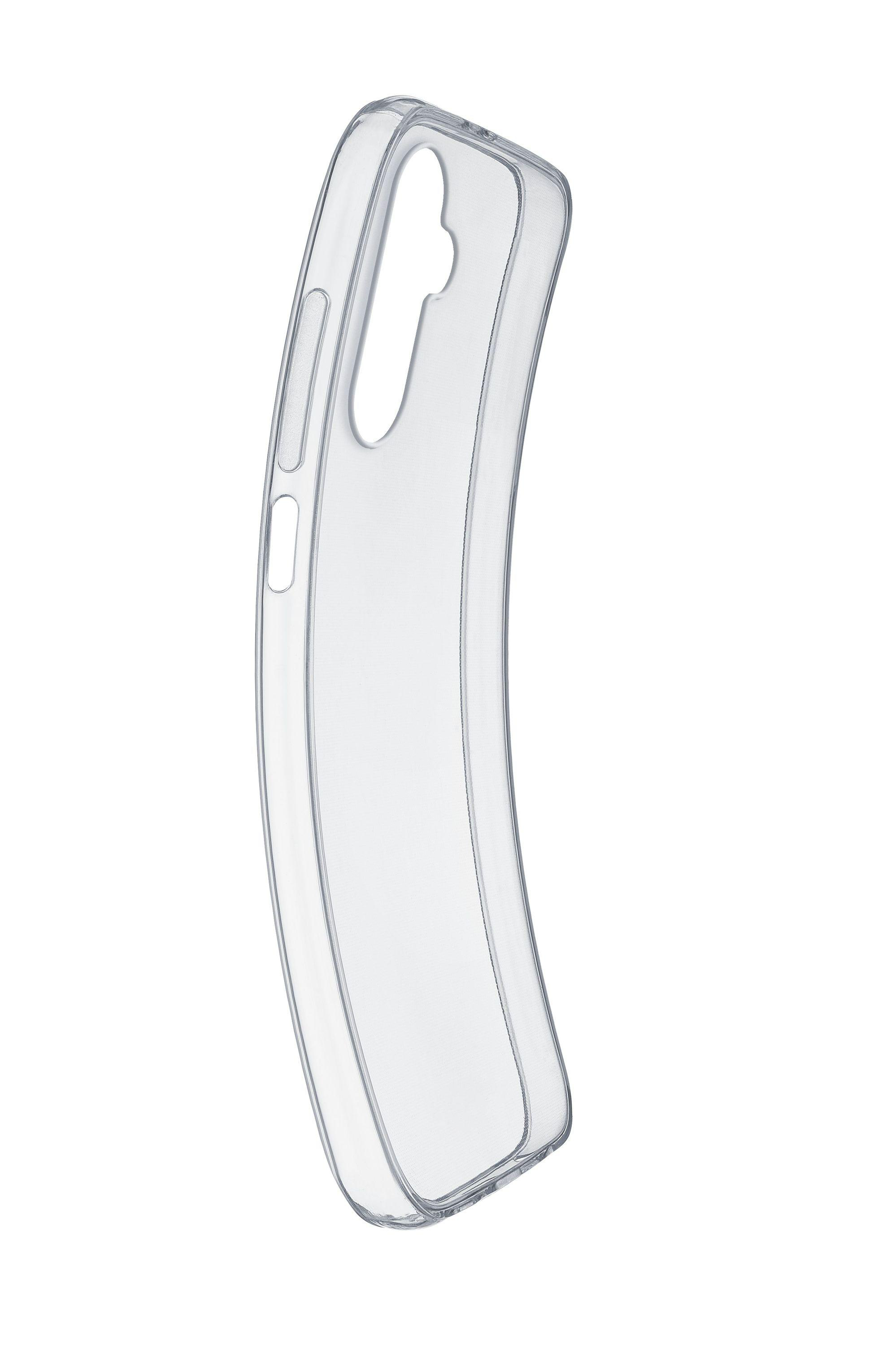 Eine klare, transparente Handyhülle. Sie ist gebogen und für ein Telefon konzipiert, mit Aussparungen.