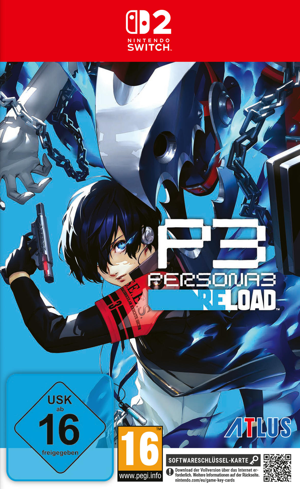 Spielcover von Persona 3 Reload auf Nintendo Switch. Enthält eine Figur, die eine Pistole hält, mit blauem und schwarzem Hintergrund.