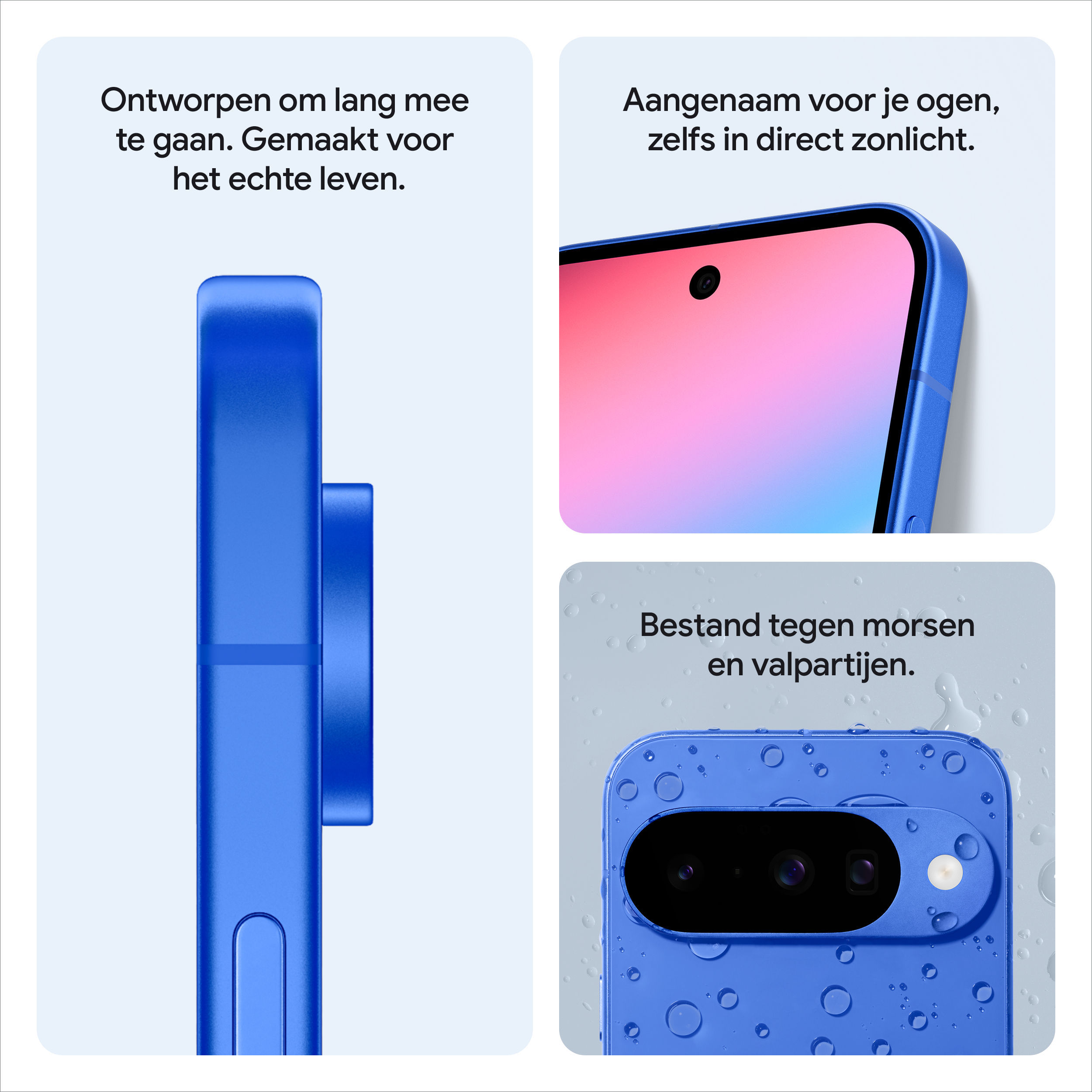 Een blauwe telefoon wordt in detail getoond, met close-ups van het scherm, de achterkant en de zijkant. Waterdruppels zijn zichtbaar.