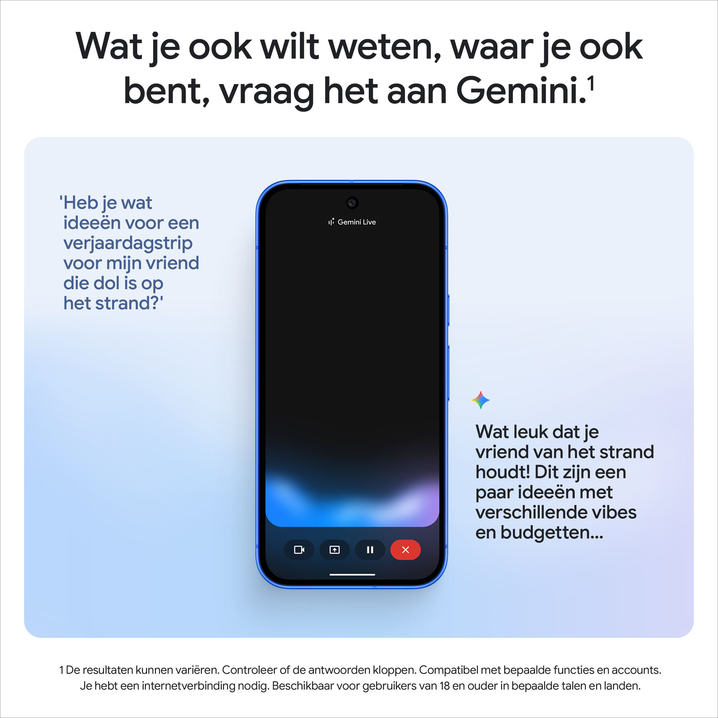 Een telefoon toont de Gemini Live-interface. Tekst vraagt om ideeën voor een verjaardagsreis. Andere tekst bespreekt budget en strandvibes.
