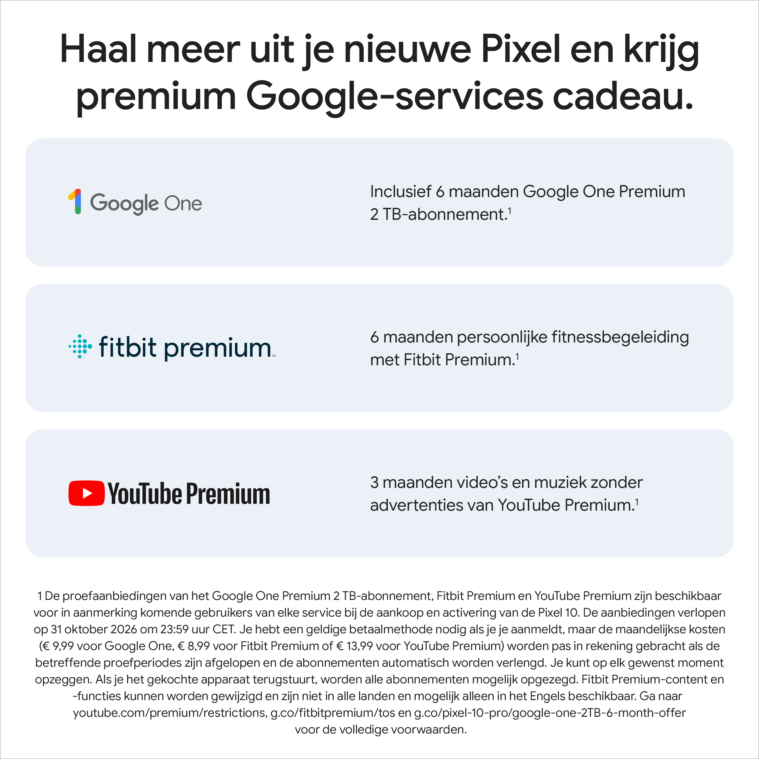 Afbeelding toont Google-diensten met een Pixel. Inclusief Google One, Fitbit Premium, YouTube Premium. Aanbiedingen voor 6 maanden.
