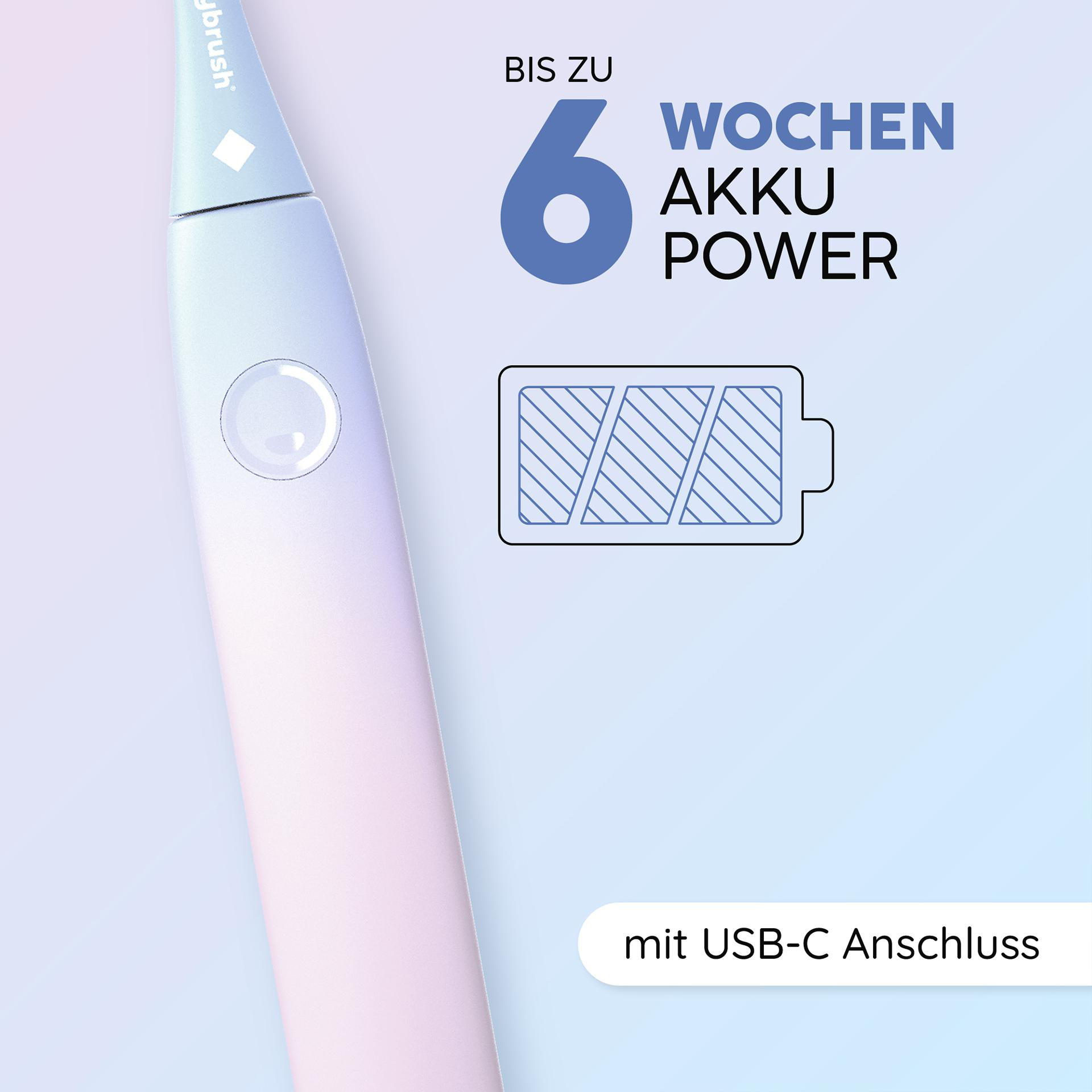 Die Zahnbürste mit blauem Griff und Diamantlogo wirbt mit sechs Wochen Akkulaufzeit und USB-C-Anschluss.