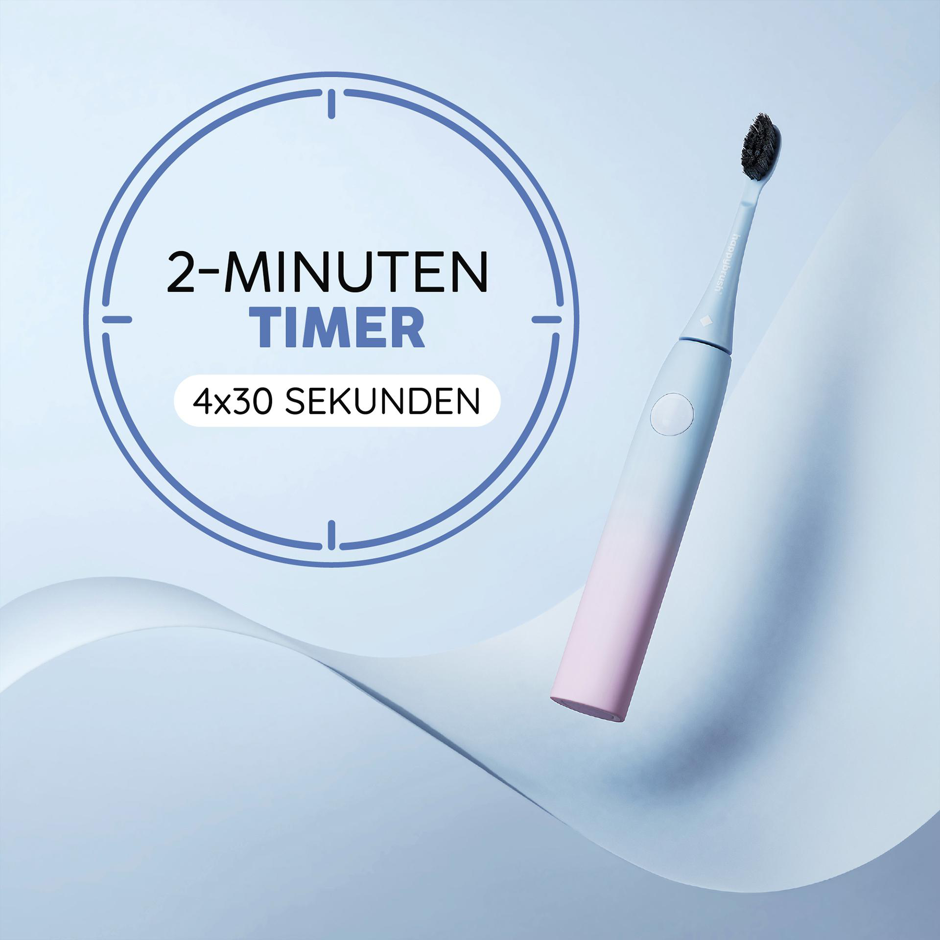 Elektrische Zahnbürste mit 2-Minuten-Timer. Die Bürste ist blau und rosa. Der Hintergrund ist blau mit weißen Wellenlinien.