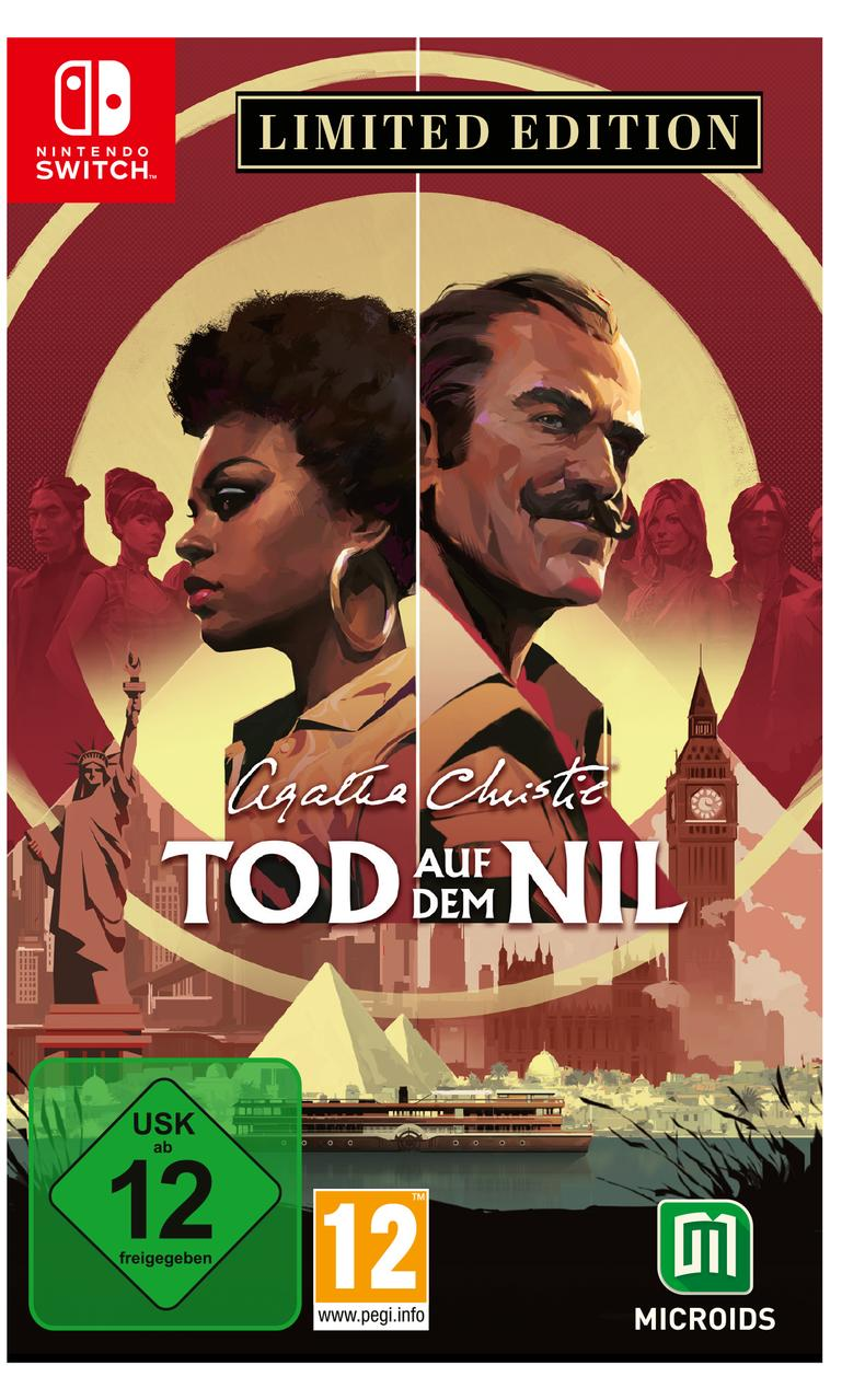 Spielcover: Agatha Christies Tod auf dem Nil. Zwei Charaktere, eine Frau und ein Mann, und der Hintergrund zeigt Wahrzeichen und ein Boot.
