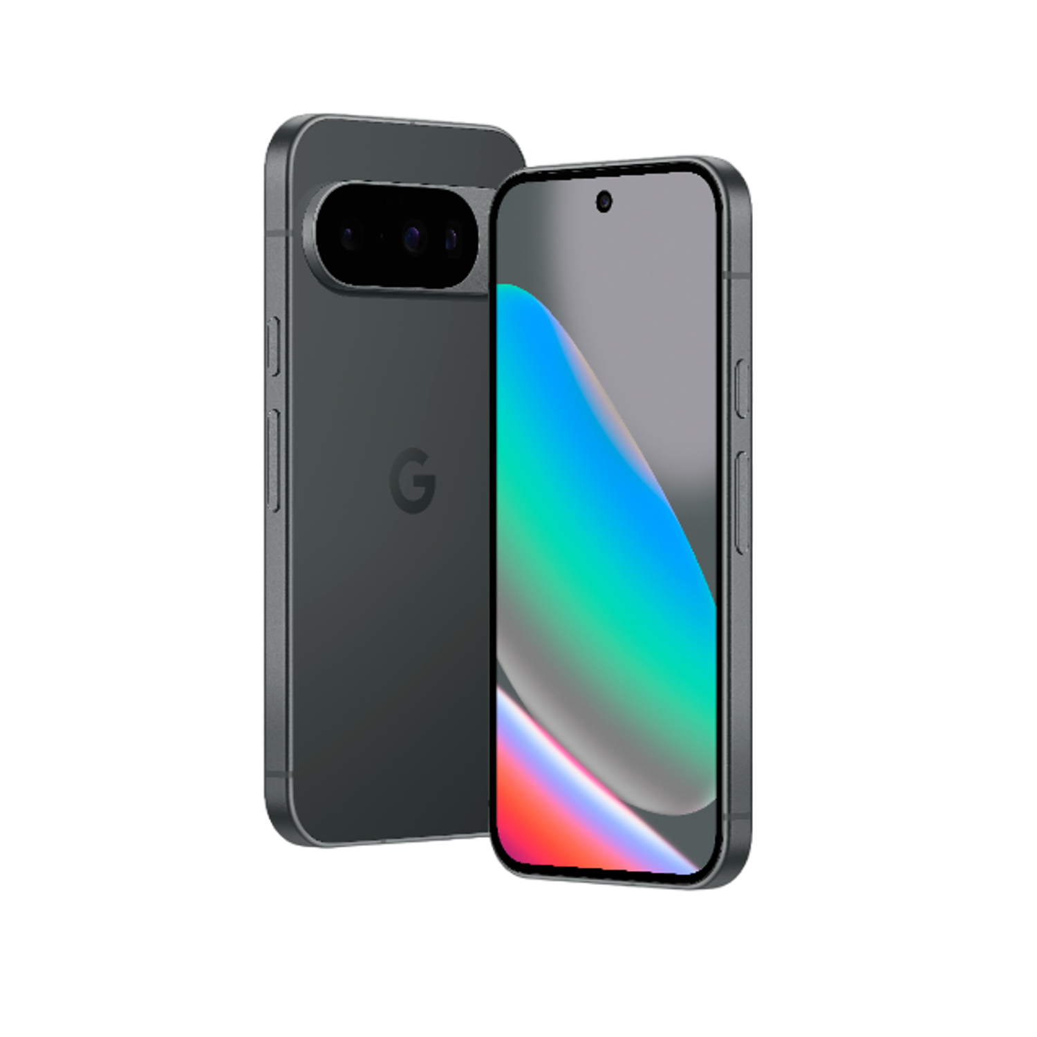 Twee donkergrijze smartphones, één toont de achterkant met Google-logo en camera, de andere toont scherm met kleurverloop.