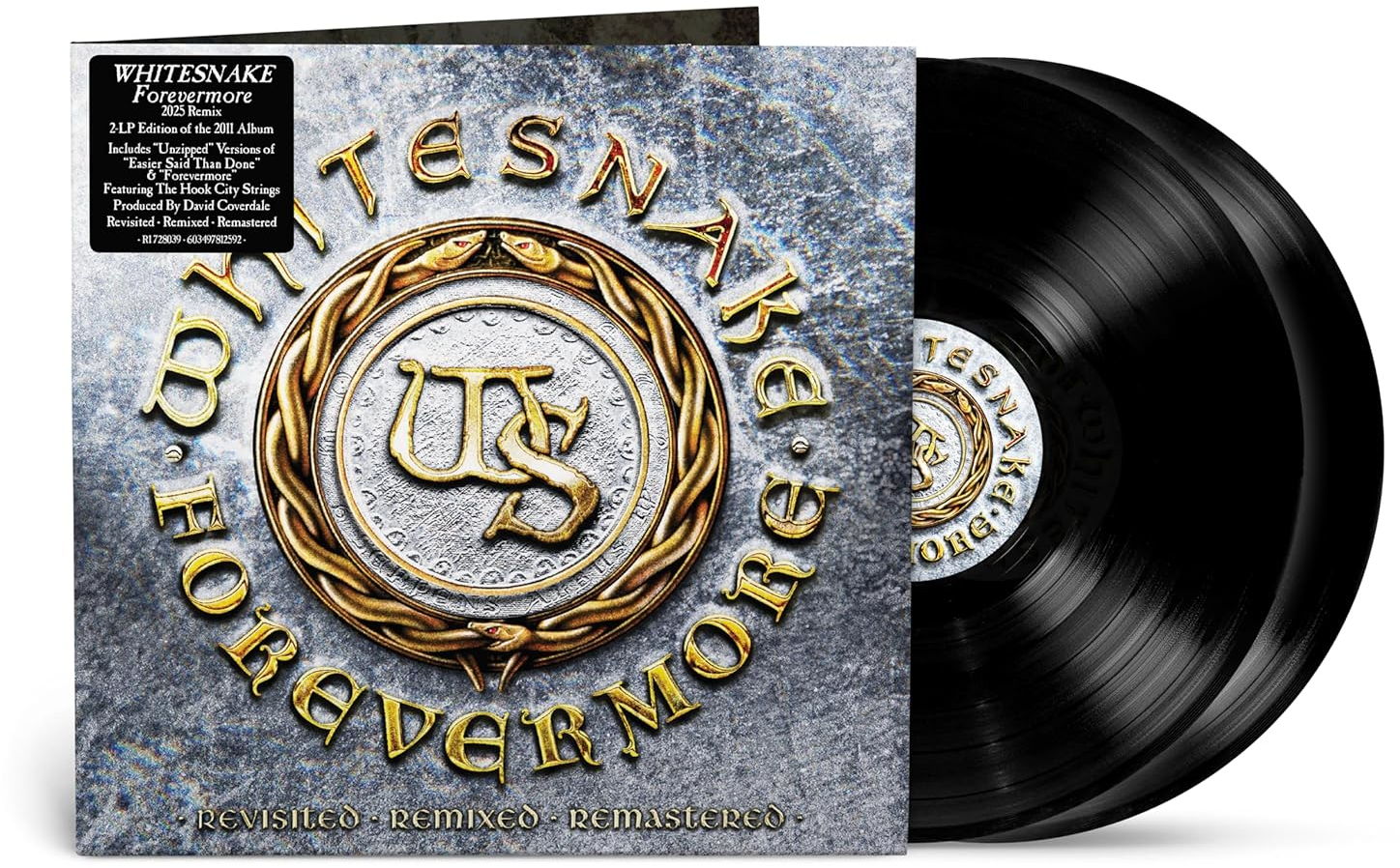 A Whitesnake Forevermore album borítója. Arany betűk és logó, két fekete bakelit lemez látható. Szürke kő háttér.