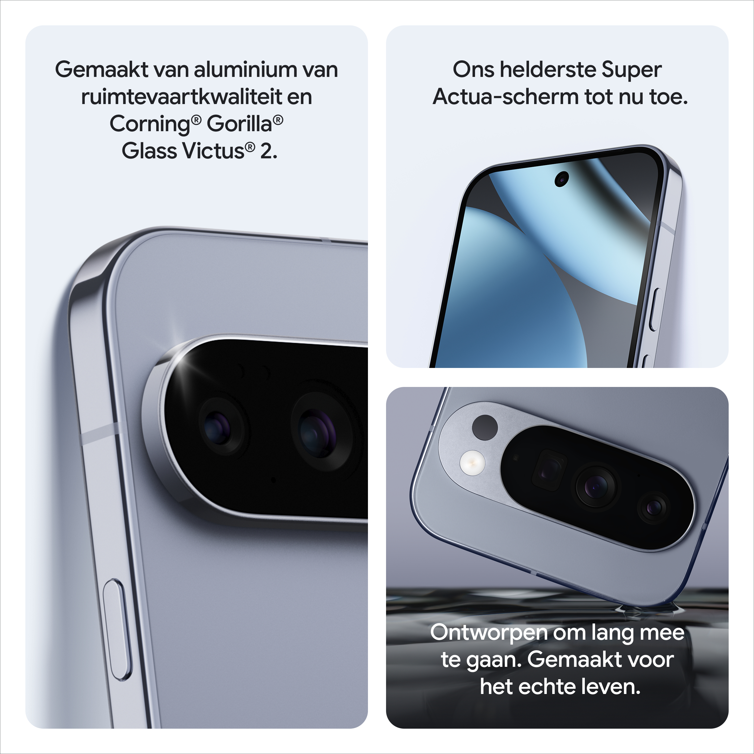 Telefoondetails in drie secties, met de achterkant, het scherm en de camera. Tekst benadrukt functies zoals Gorilla Glass.