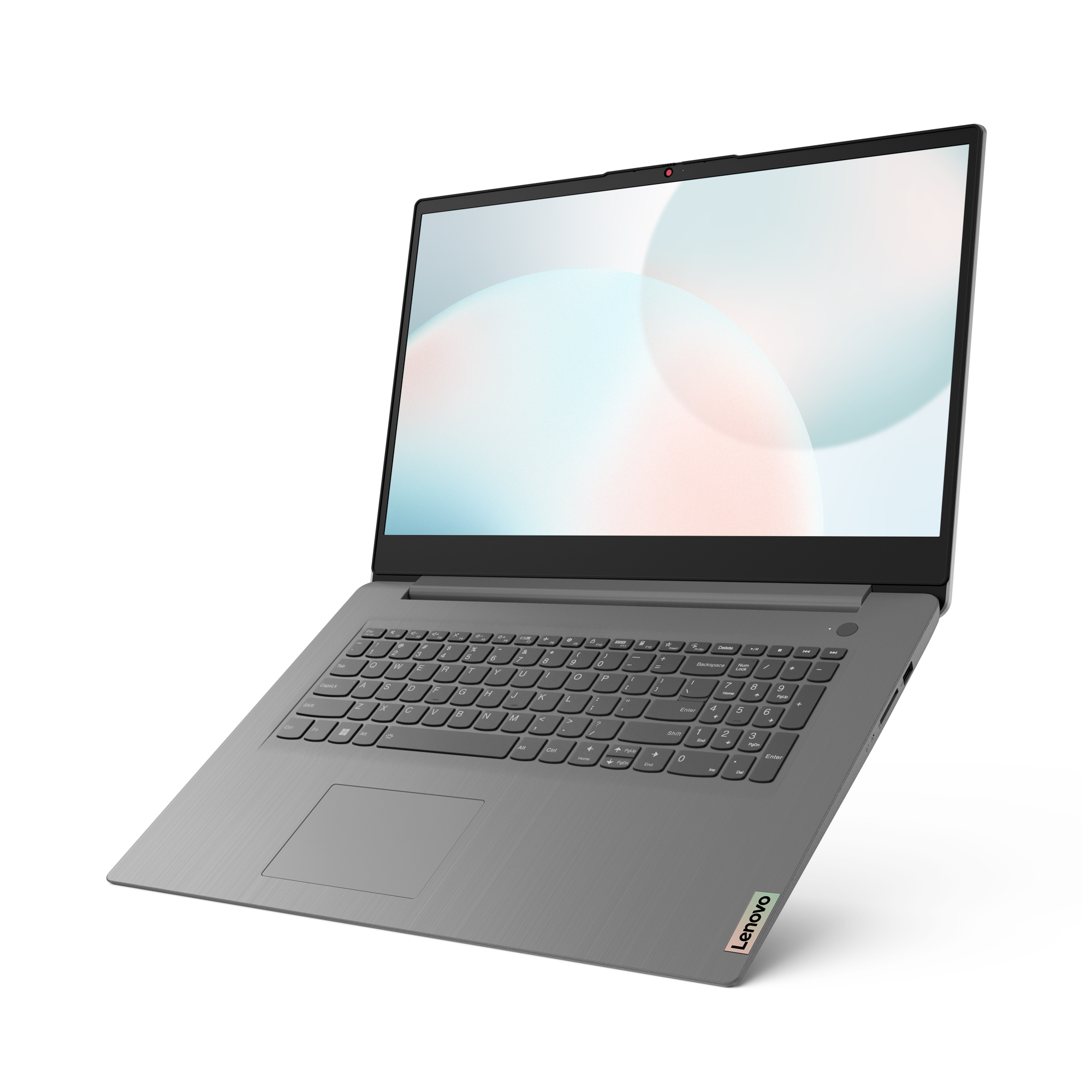 Ein grauer Lenovo-Laptop wird vor schwarzem Hintergrund angezeigt. Der Bildschirm zeigt ein verschwommenes, abstraktes Design.