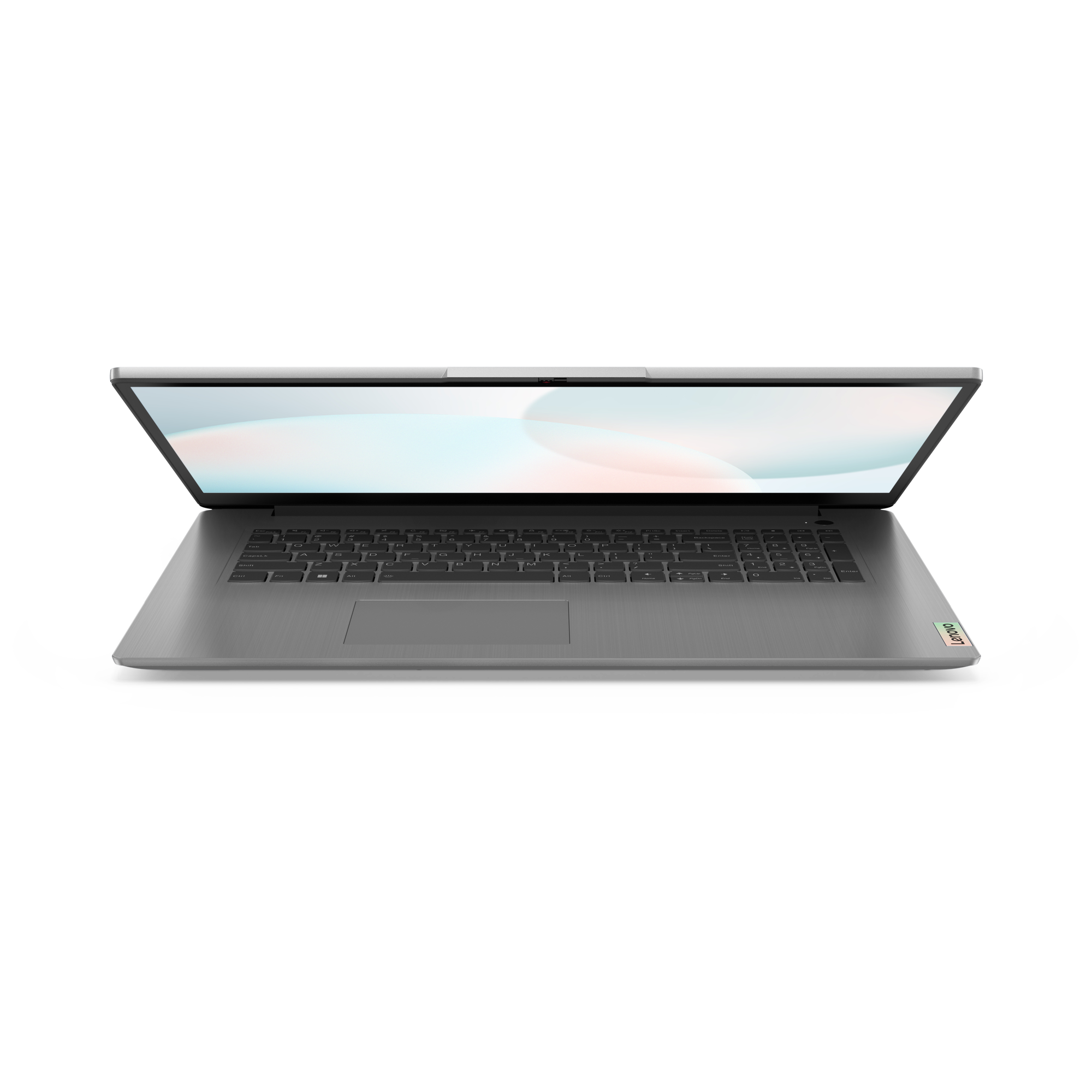 Grauer Laptop auf schwarzem Grund. Der Bildschirm zeigt ein unscharfes Design. Die Tastatur ist sichtbar.