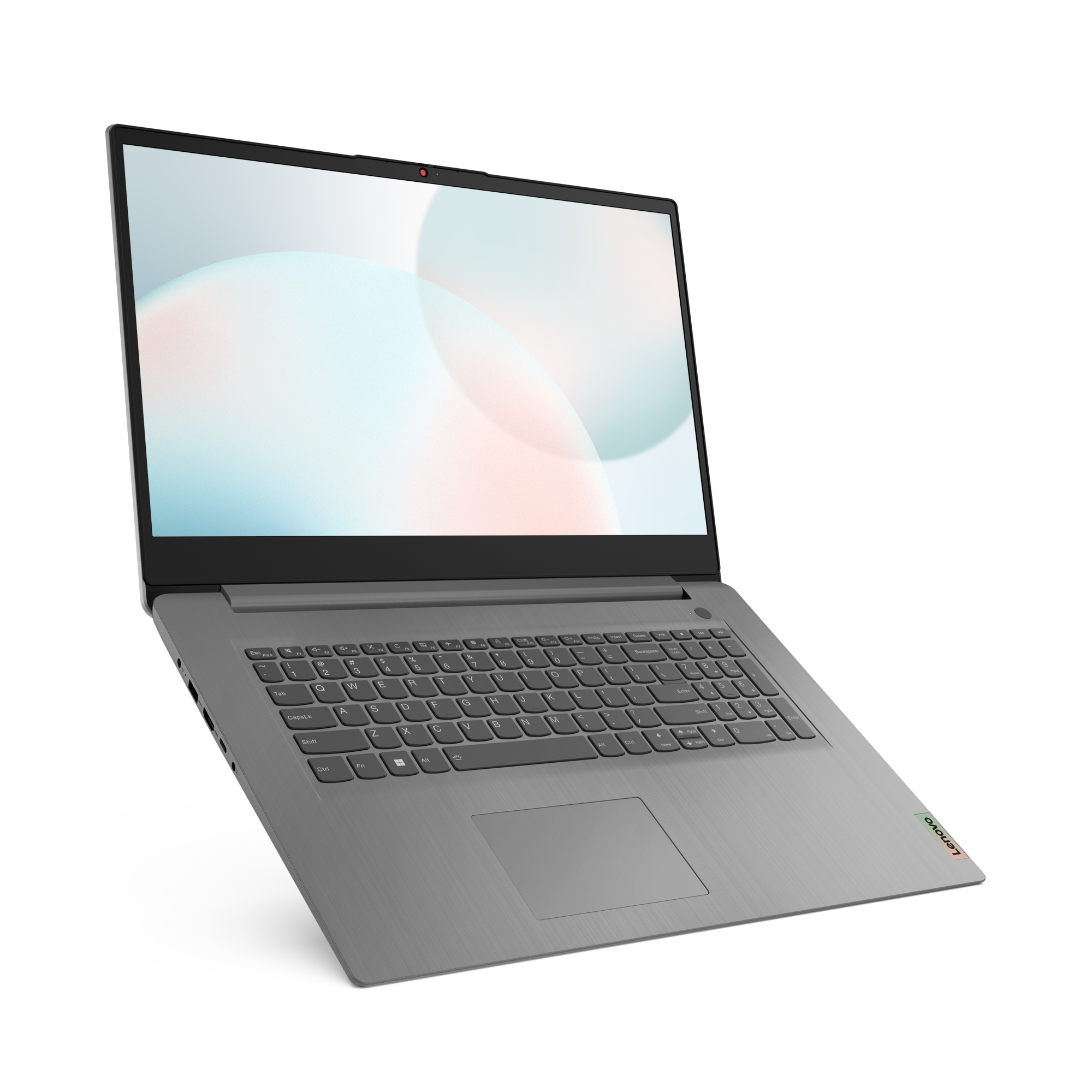 Ein silberner Lenovo-Laptop auf schwarzem Hintergrund. Der Bildschirm zeigt ein abstraktes Design in Blau und Weiß.