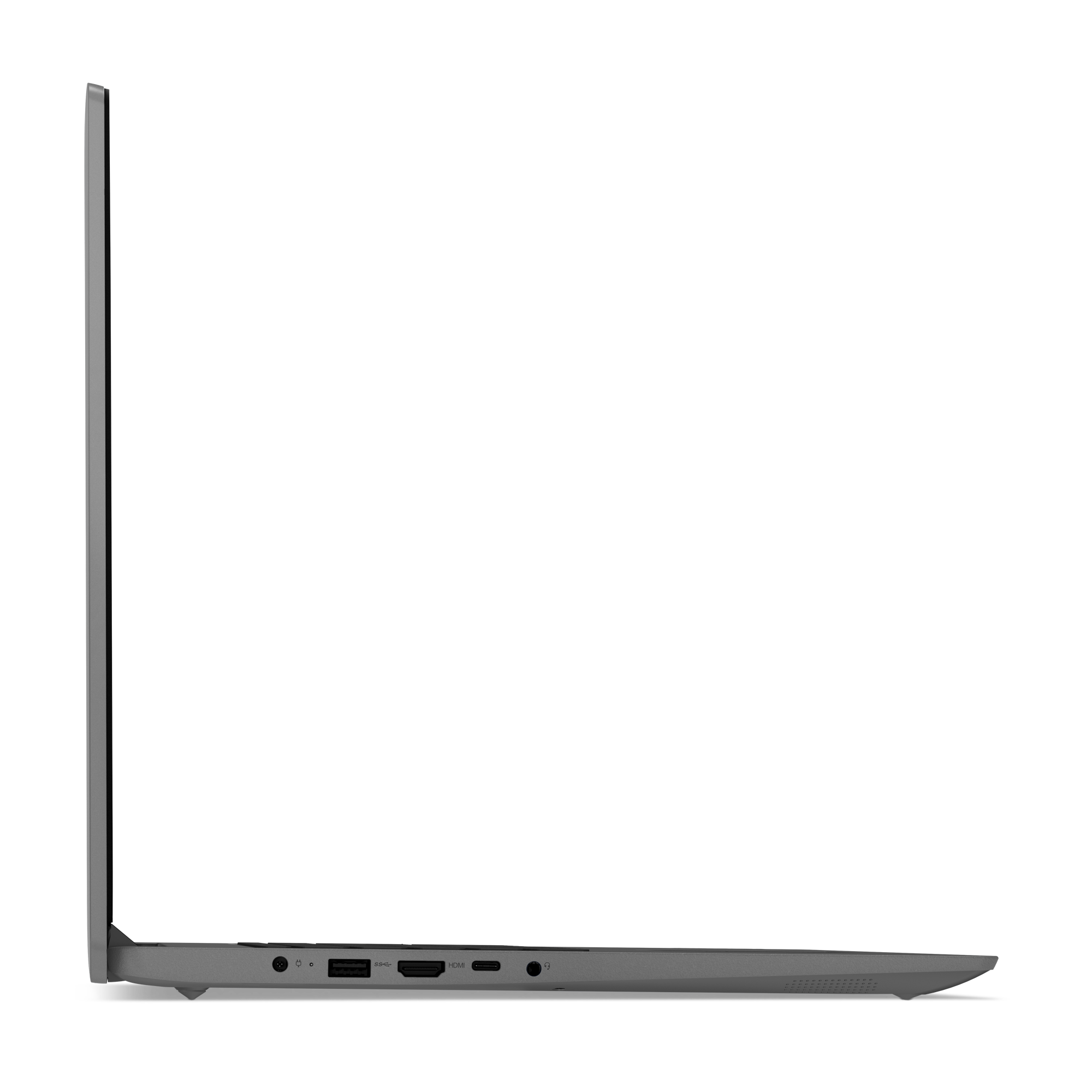 Seitenansicht eines grauen Laptops vor schwarzem Hintergrund mit Anschlüssen und dünnem Profil.