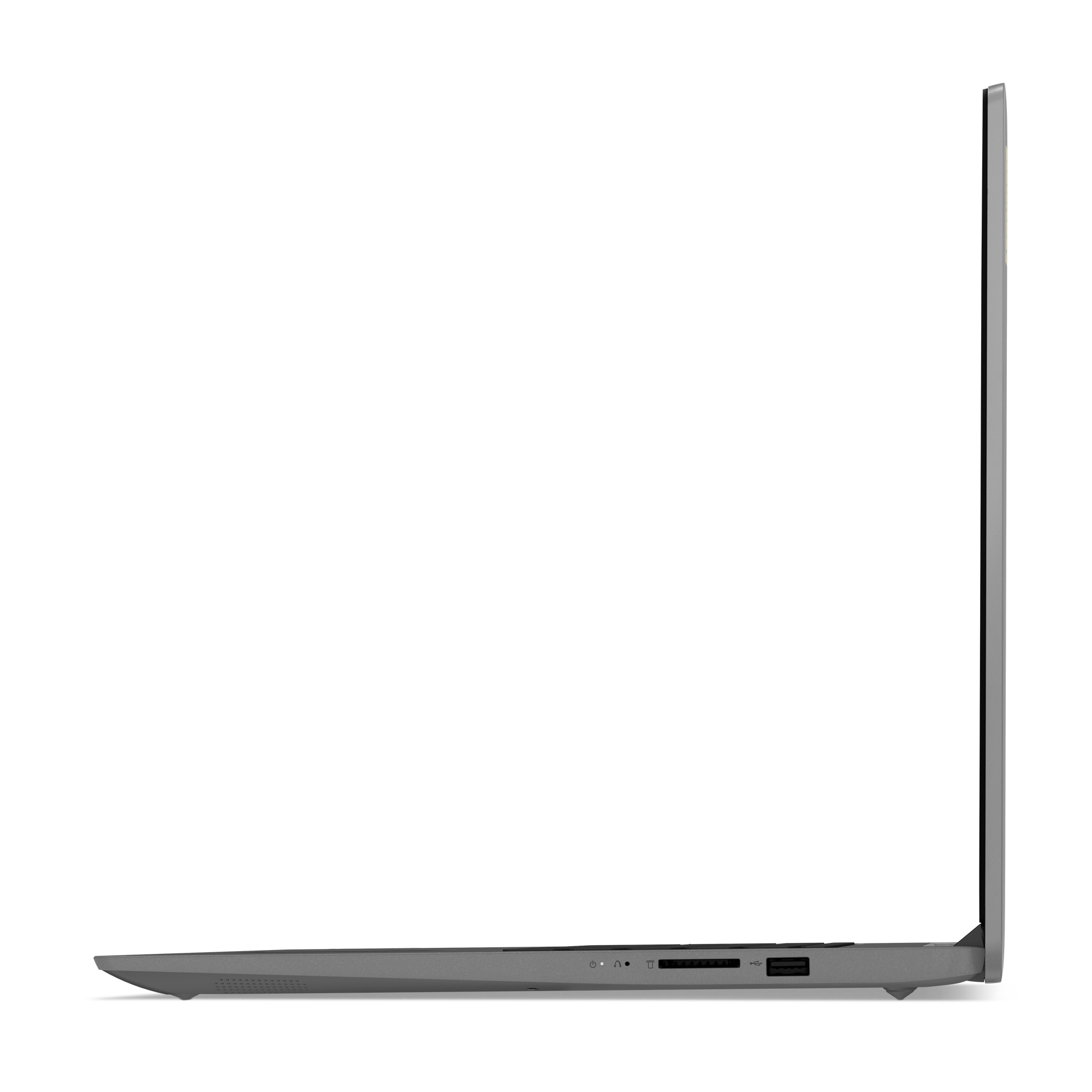 Seitenansicht eines geöffneten grauen Laptops. Anschlüsse auf der Seite sichtbar. Schwarzer Hintergrund.