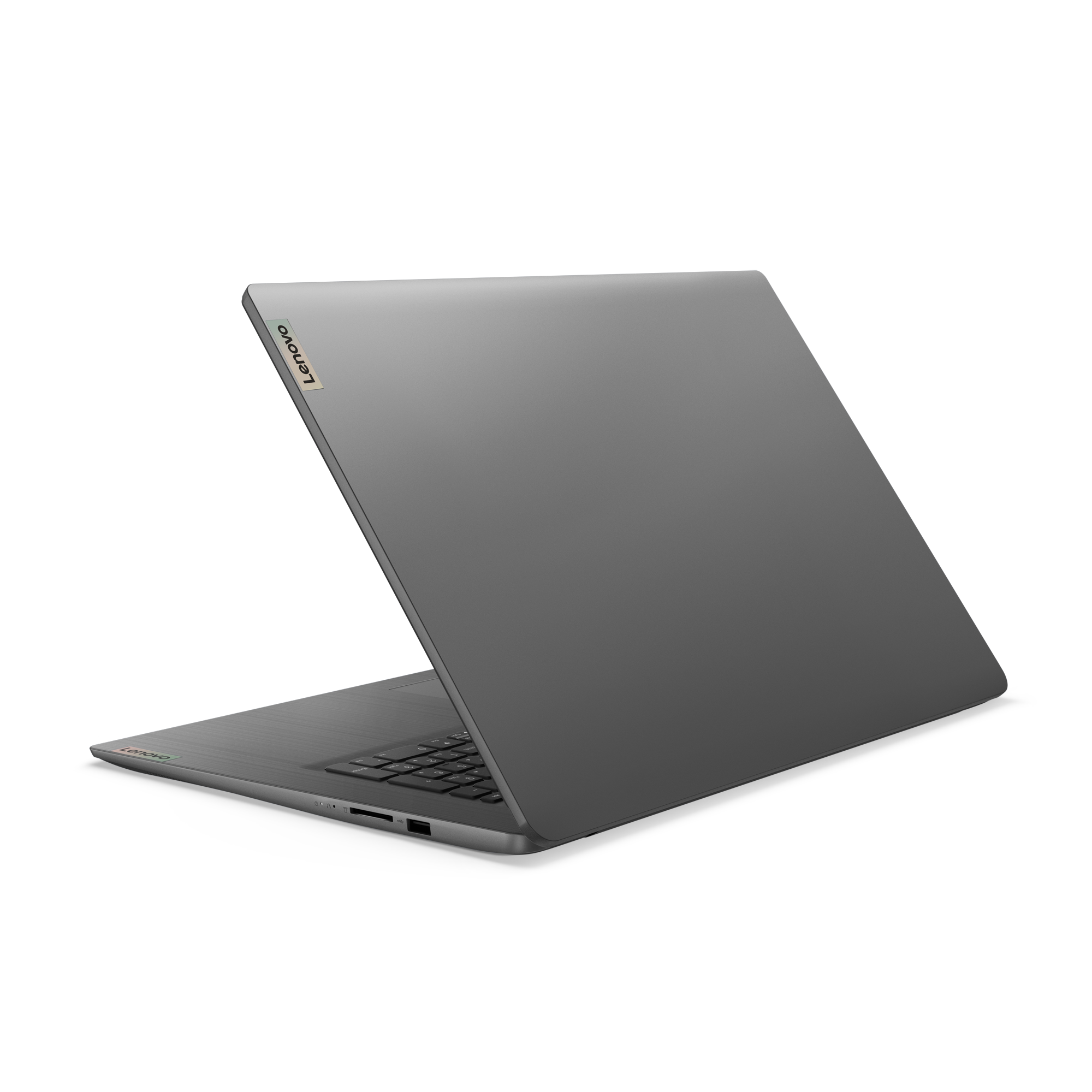 Ein grauer Lenovo-Laptop ist geöffnet und leicht angewinkelt. Der Bildschirm zeigt nach oben. Der Hintergrund ist schwarz.