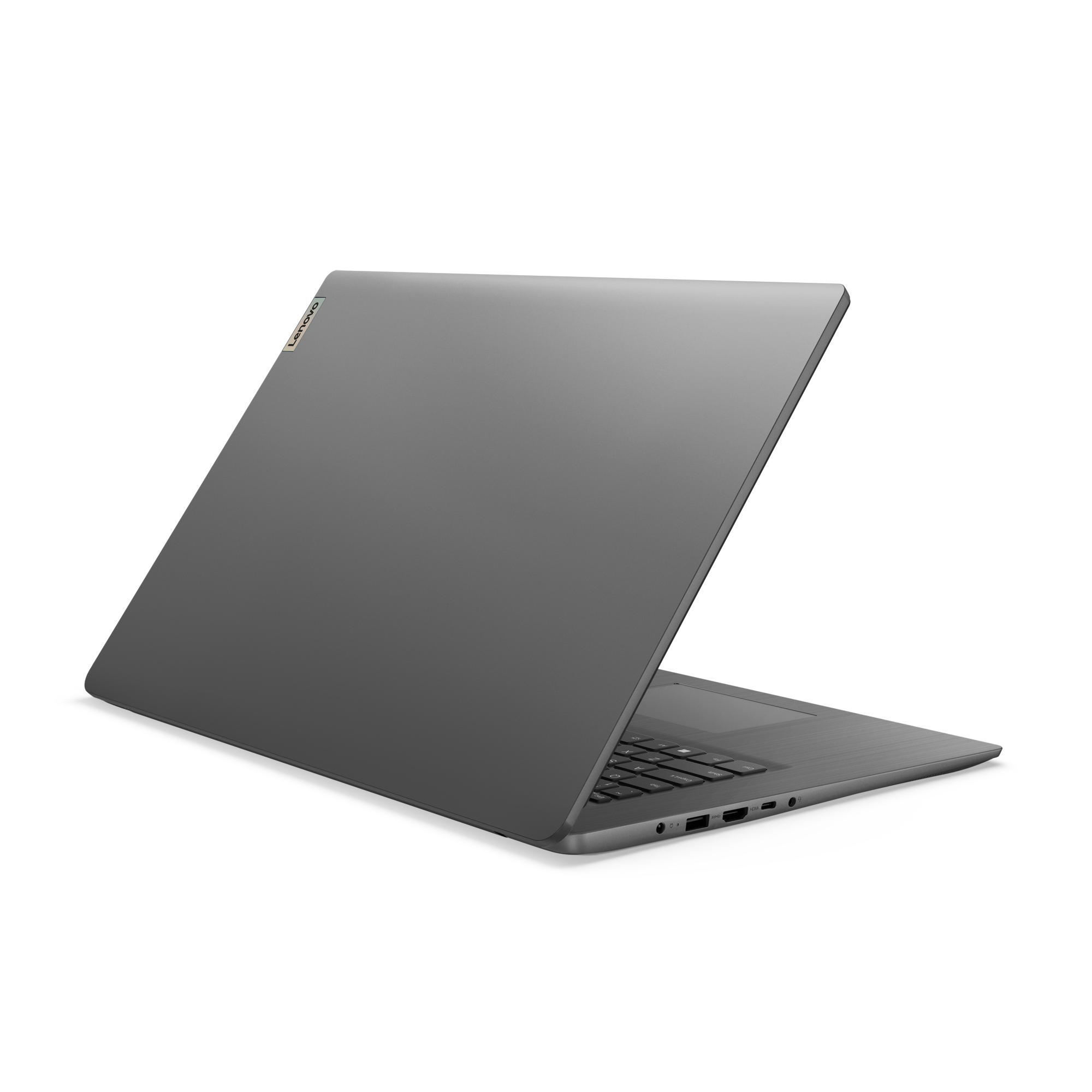 Ein grauer Lenovo-Laptop ist auf schwarzem Hintergrund geöffnet und zeigt Tastatur und Bildschirm. Lenovo-Logo sichtbar.