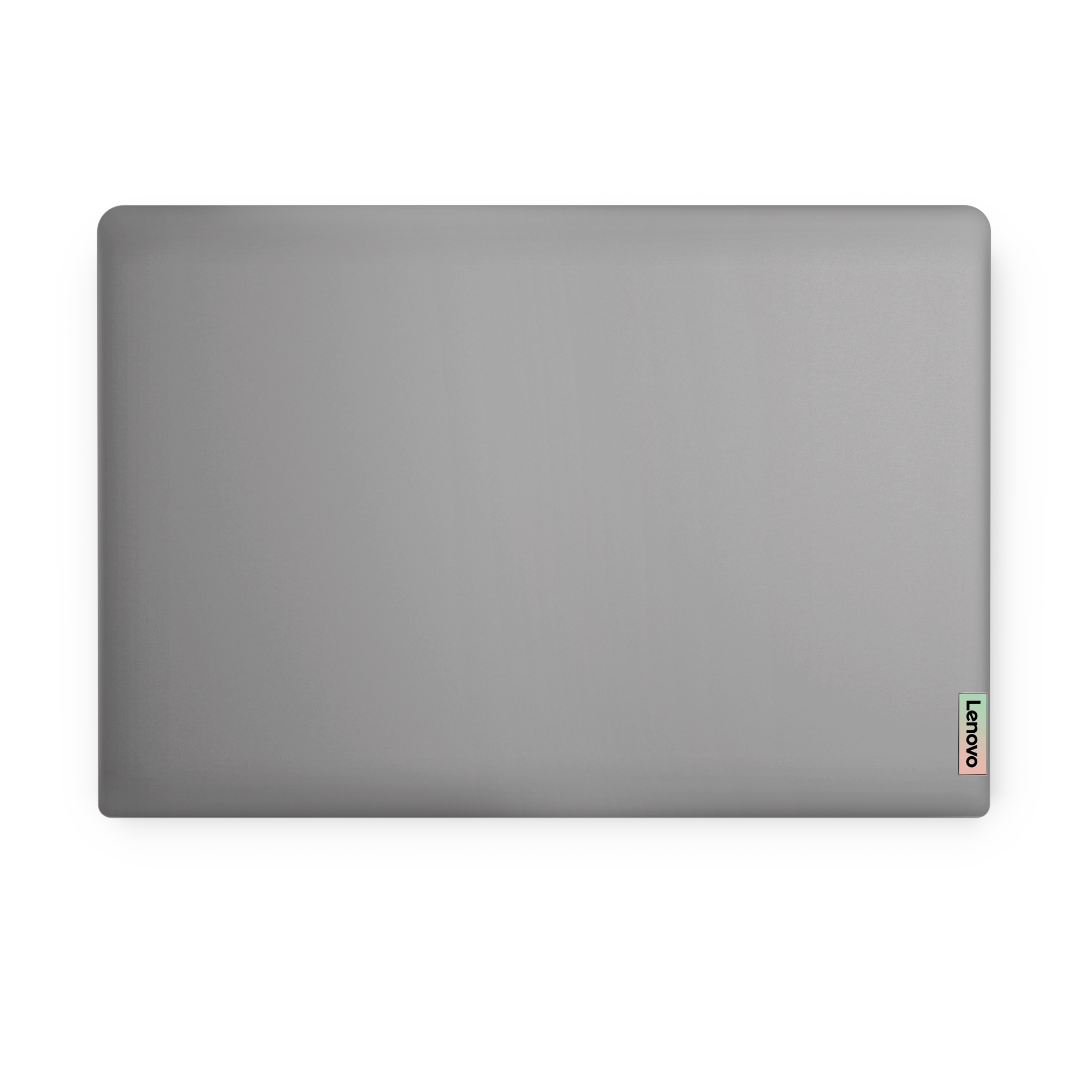Draufsicht auf ein geschlossenes, silbernes Lenovo-Laptop auf schwarzem Hintergrund. Das Lenovo-Logo befindet sich rechts.