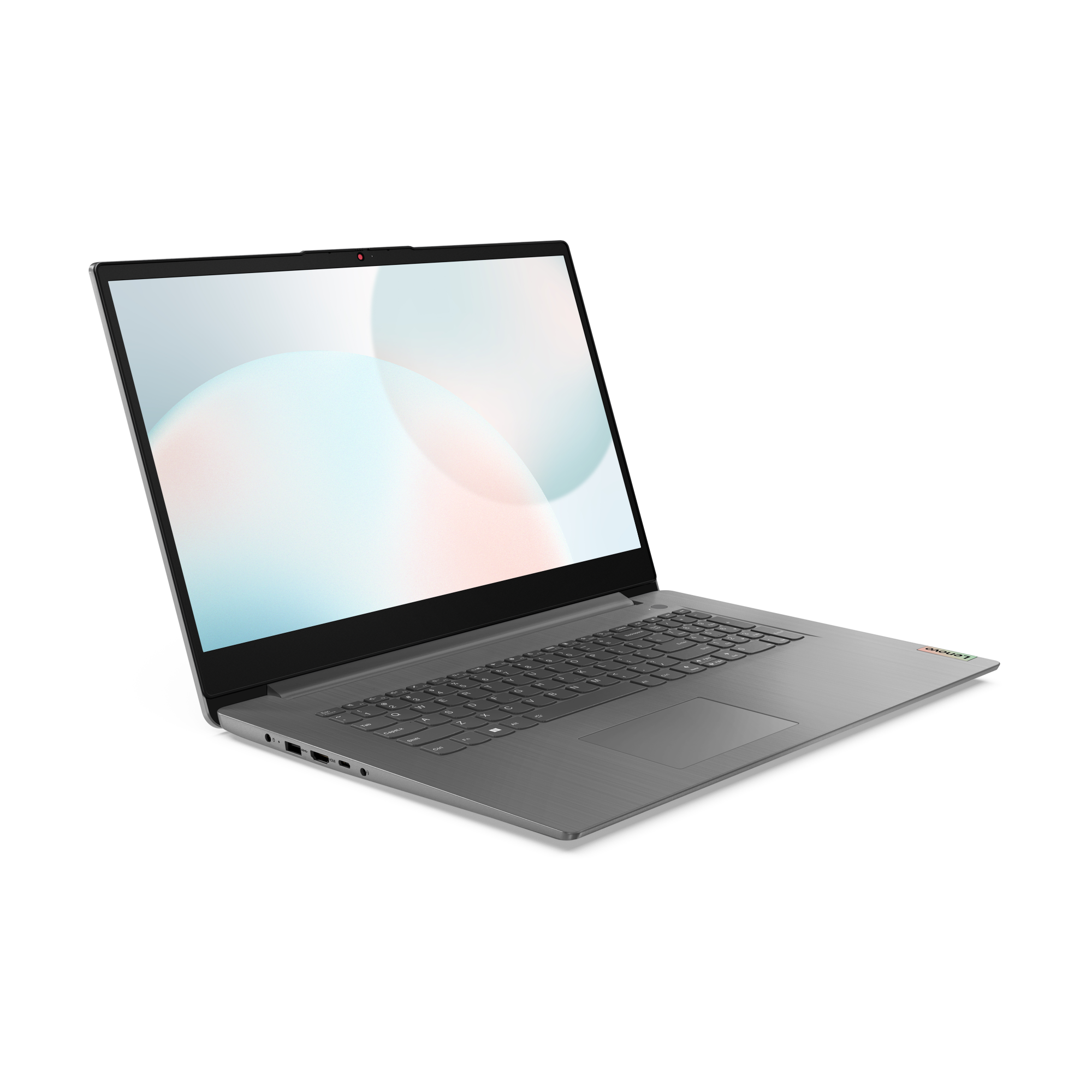 Ein grauer Laptop mit einem Bildschirm, der ein hellblaues und weißes Design zeigt. Der Laptop steht auf schwarzem Grund.