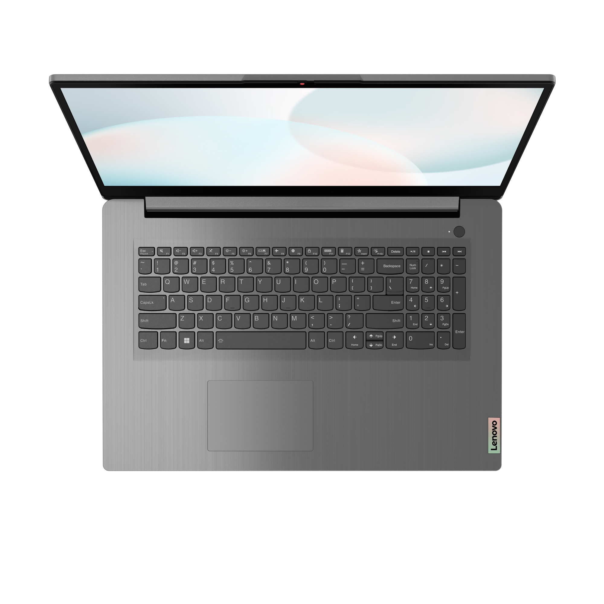 Ein grauer Lenovo-Laptop, geöffnet auf schwarzem Hintergrund, zeigt Tastatur und Bildschirm. Der Bildschirm zeigt einen weiß-blauen Farbverlauf.