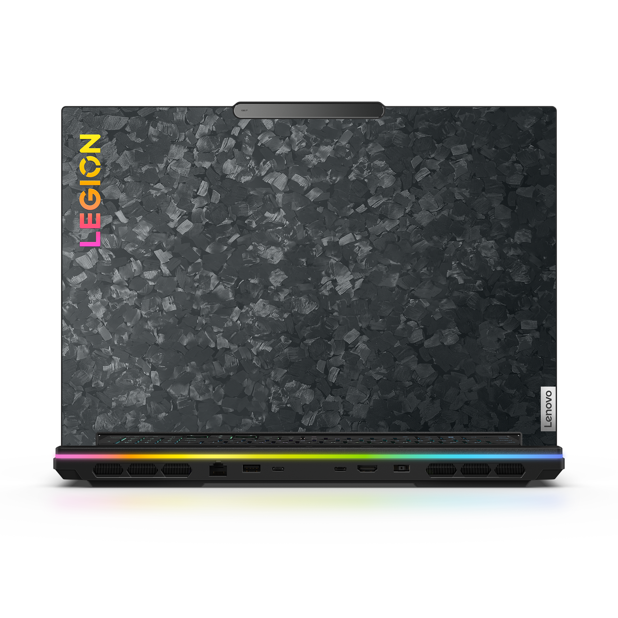 Lenovo Legion-laptop. Donkergrijs met getextureerde deksel. Kleurrijke lichtstrip eronder. Legion-logo aan de zijkant.