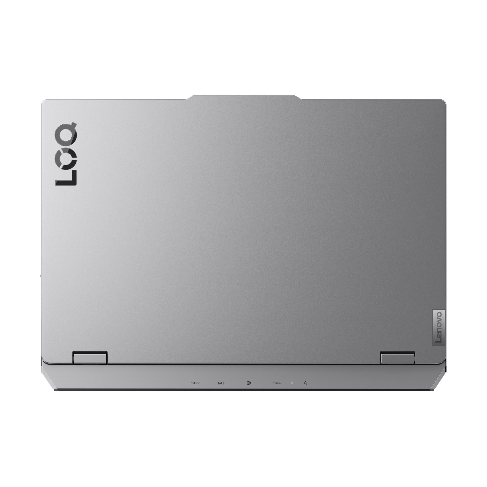 Draufsicht auf einen Laptop in Silber. Das LOQ-Logo befindet sich oben links, das Lenovo-Logo rechts. Anschlüsse unten sichtbar.