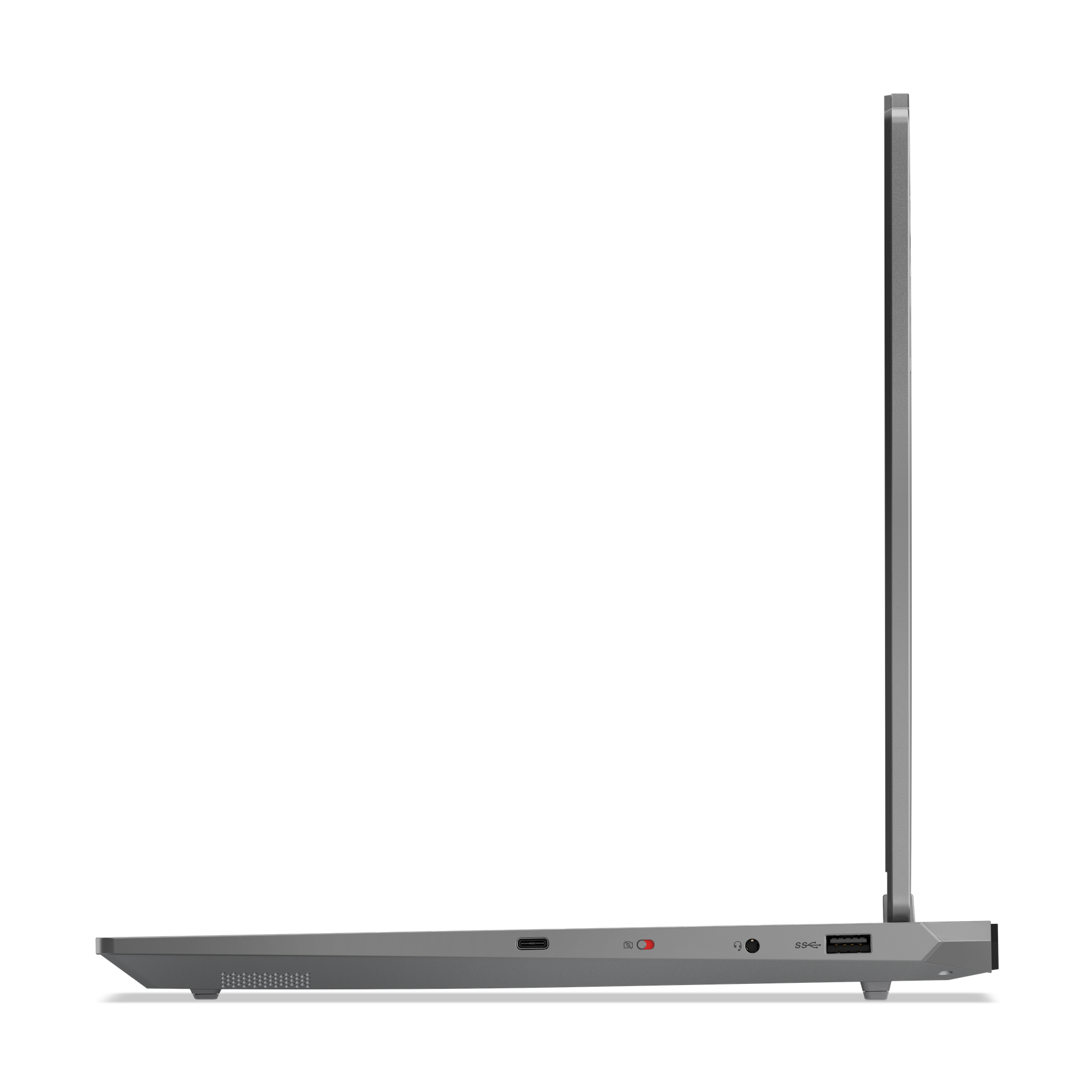 Seitenansicht eines grauen Laptops. Sichtbare Anschlüsse sind USB, Kopfhöreranschluss und Ladeanschluss. Der Bildschirm ist offen.