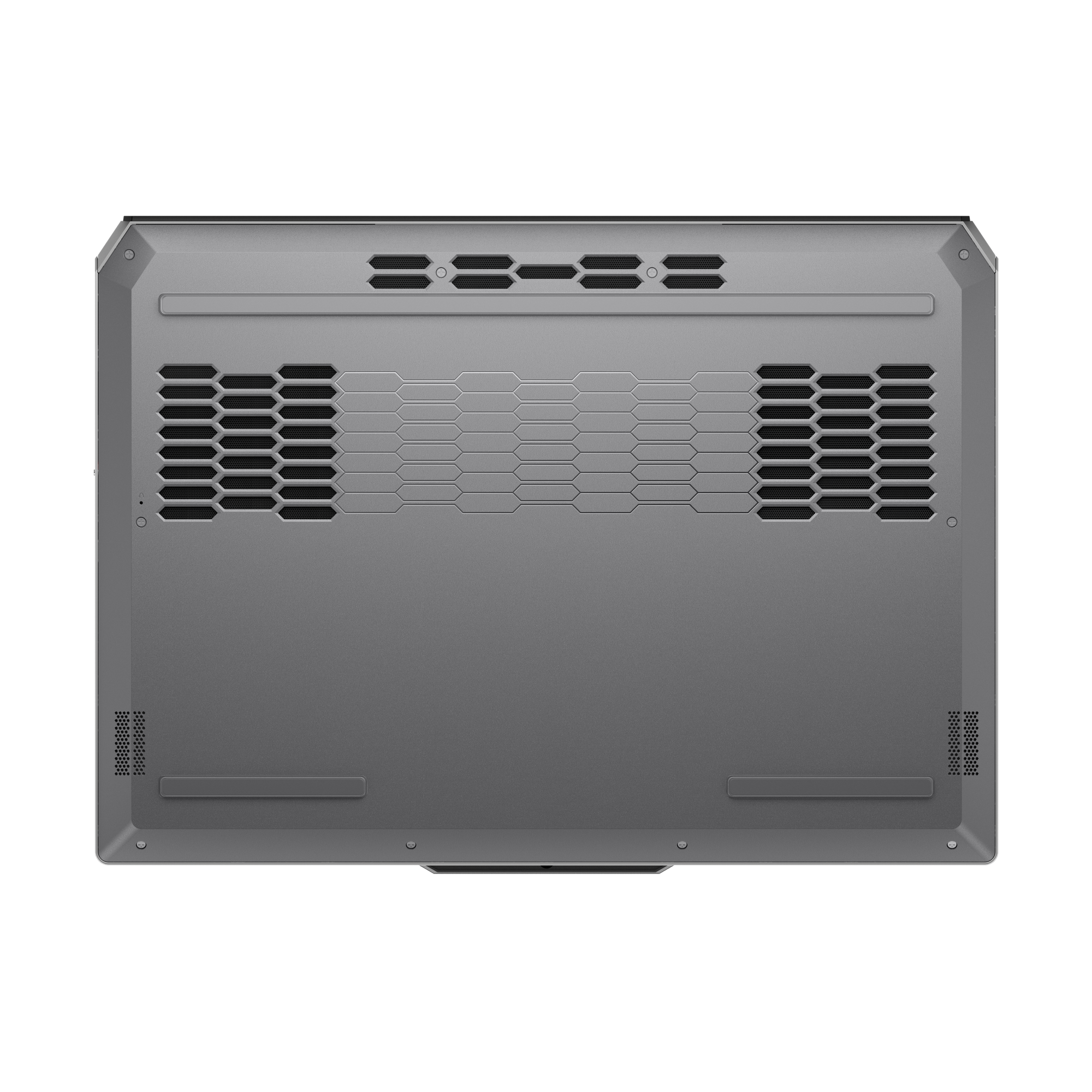 Grauer Laptopboden mit Lüftungsschlitzen und einem gemusterten Mittelteil, der ein modernes, industrielles Design zeigt.