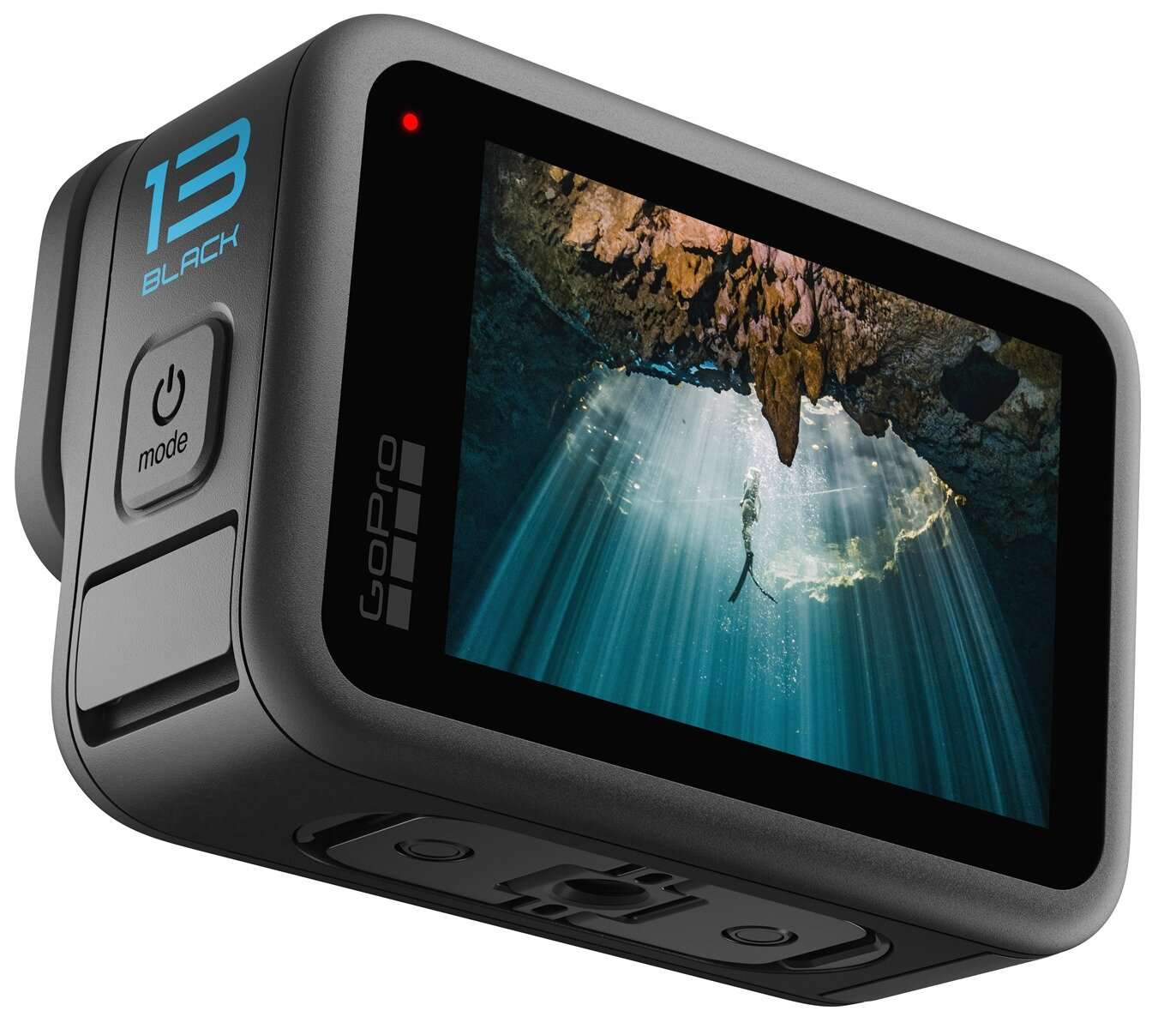 Czarna kamera GoPro pokazująca podwodną scenę z nurkiem. Kamera ma ekran, przyciski i numer 13.