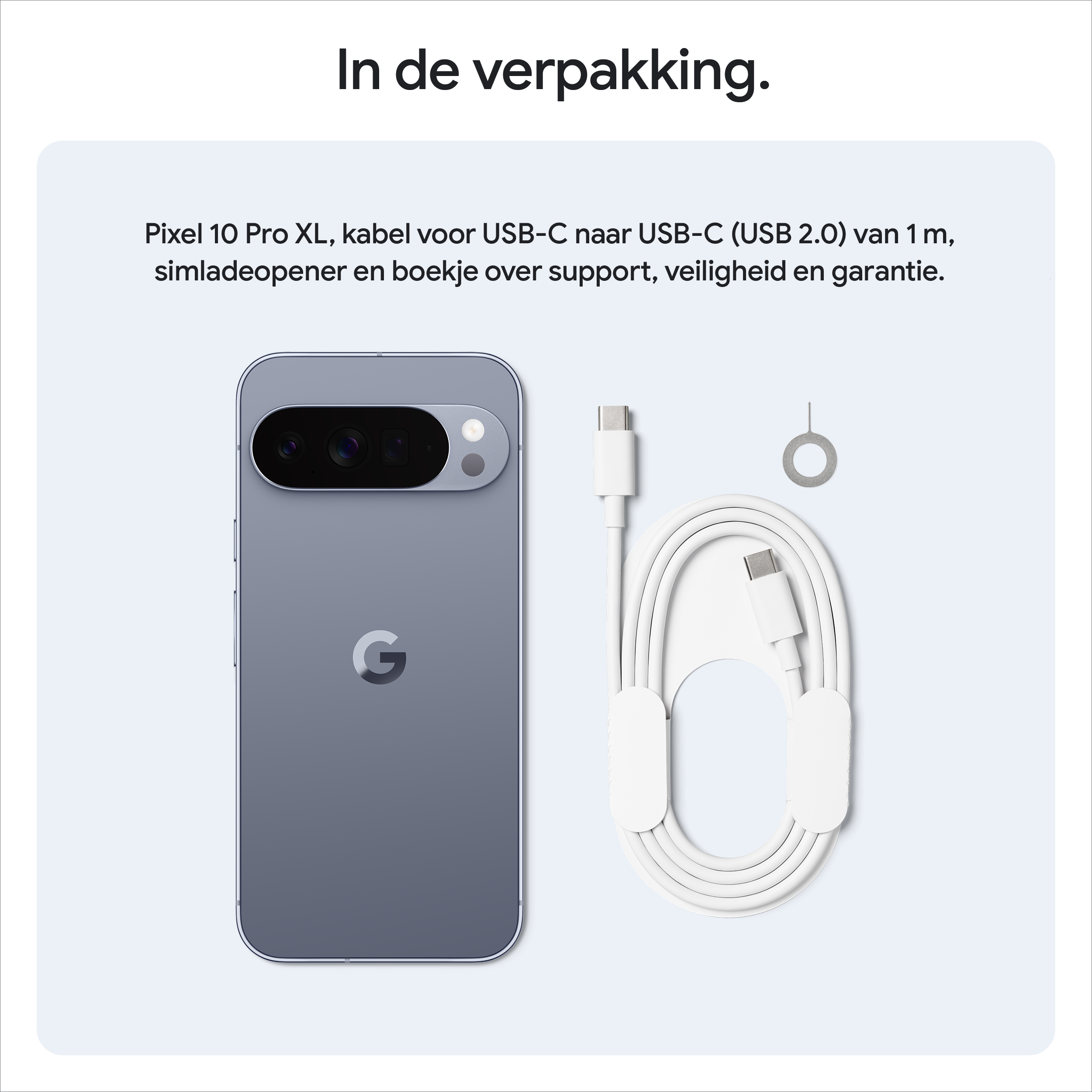 Afbeelding toont een Pixel 10 Pro XL telefoon, een USB-C kabel, een SIM-uitwerptool en een handleiding. Alles op een lichte achtergrond.
