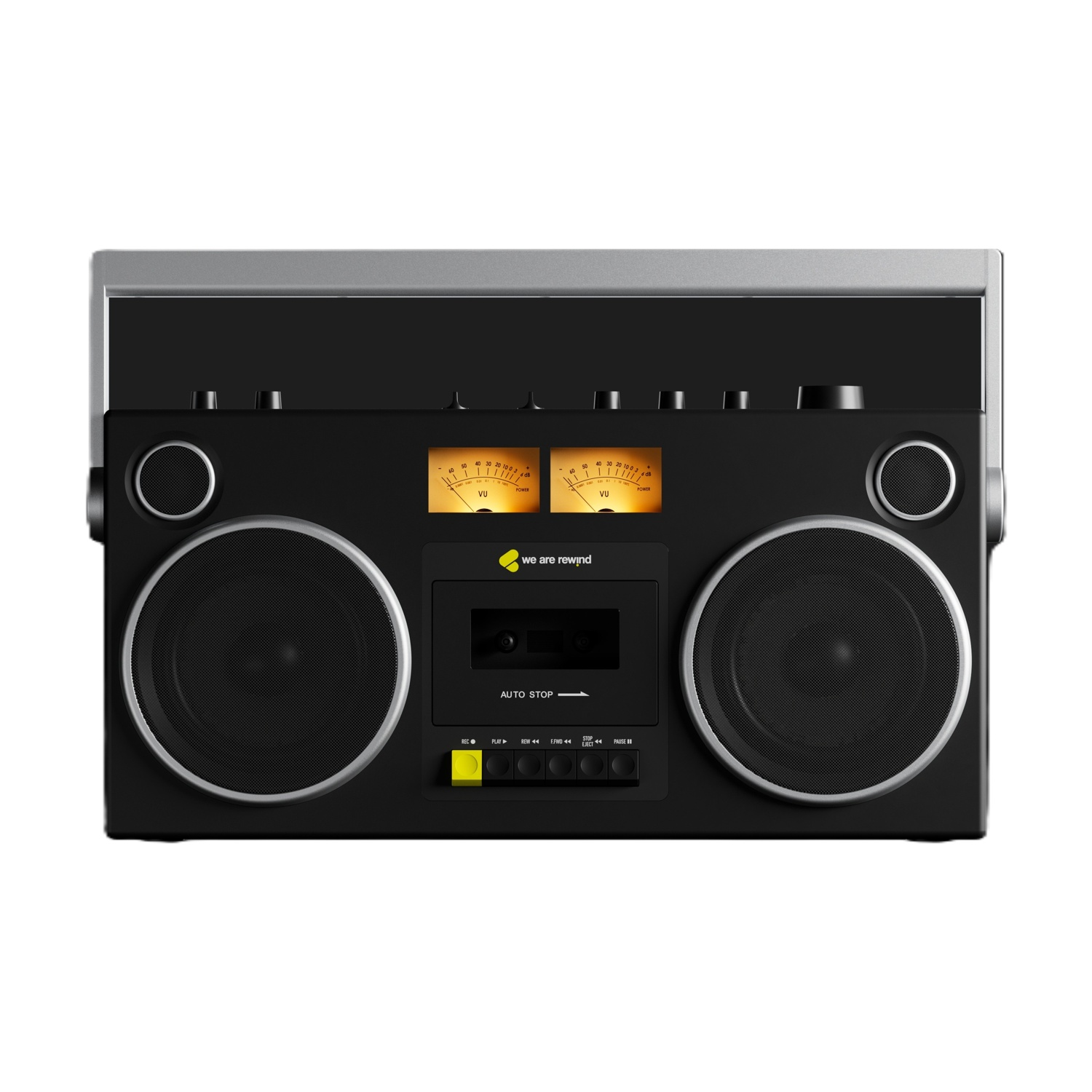 Un boombox nero con dettagli argentati. Ha due grandi altoparlanti, indicatori VU e pulsanti di controllo. Il testo 'we are rewind' è visibile.