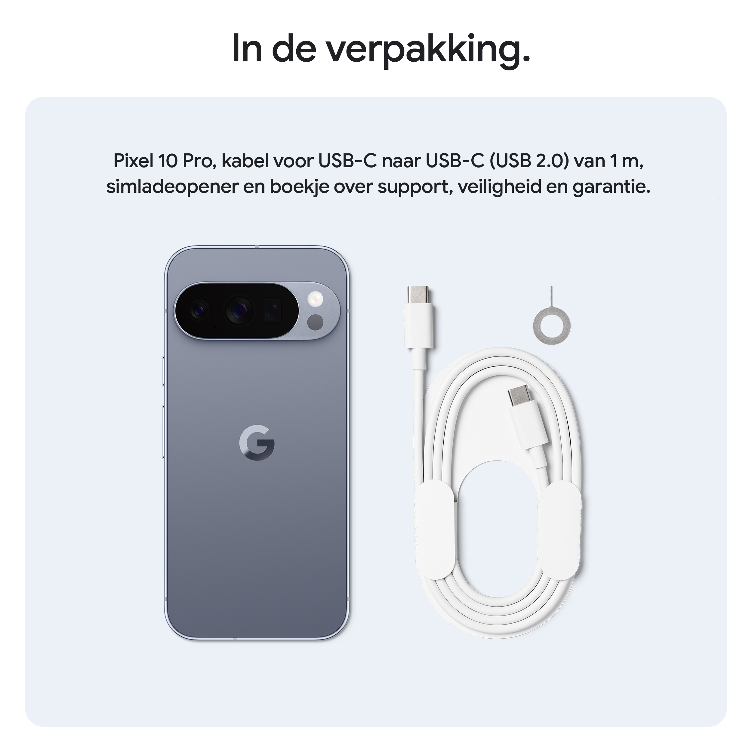 Een smartphone, USB-C-kabel, SIM-kaartopener en documentatie op een lichtblauwe achtergrond.