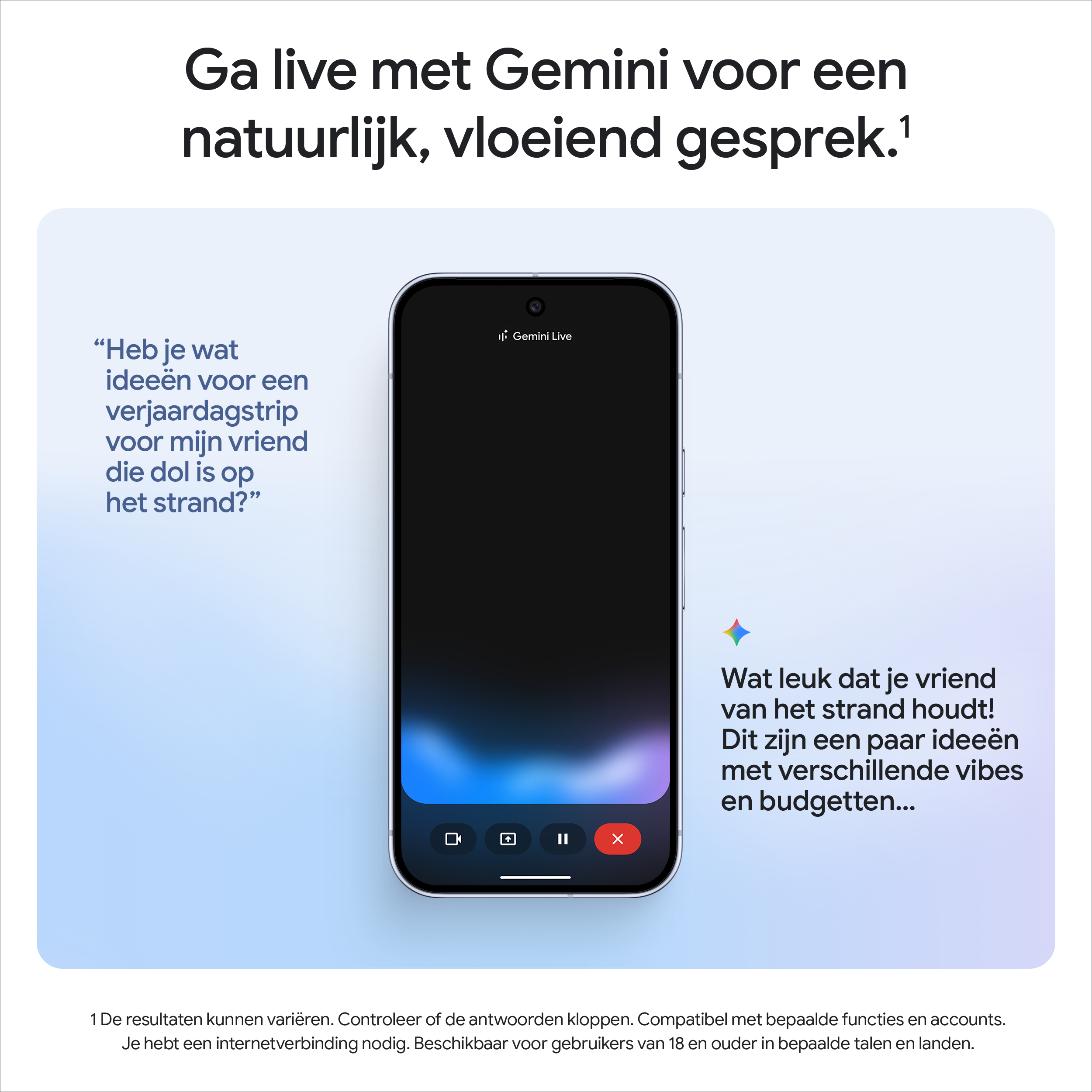 Een advertentie toont een telefoon met een Gemini Live-interface. Tekst geeft ideeën voor een strandtrip. De achtergrond is lichtblauw.