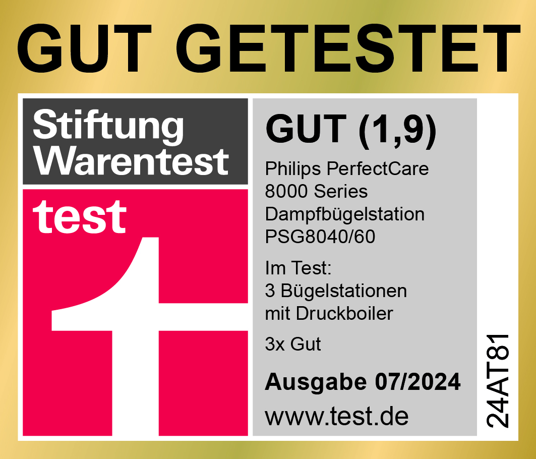 Ein deutscher Produkttest mit dem Text „GUT GETESTET“. Es zeigt das Stiftung Warentest-Logo mit einer Bewertung von 1,9 für Philips PerfectCare.