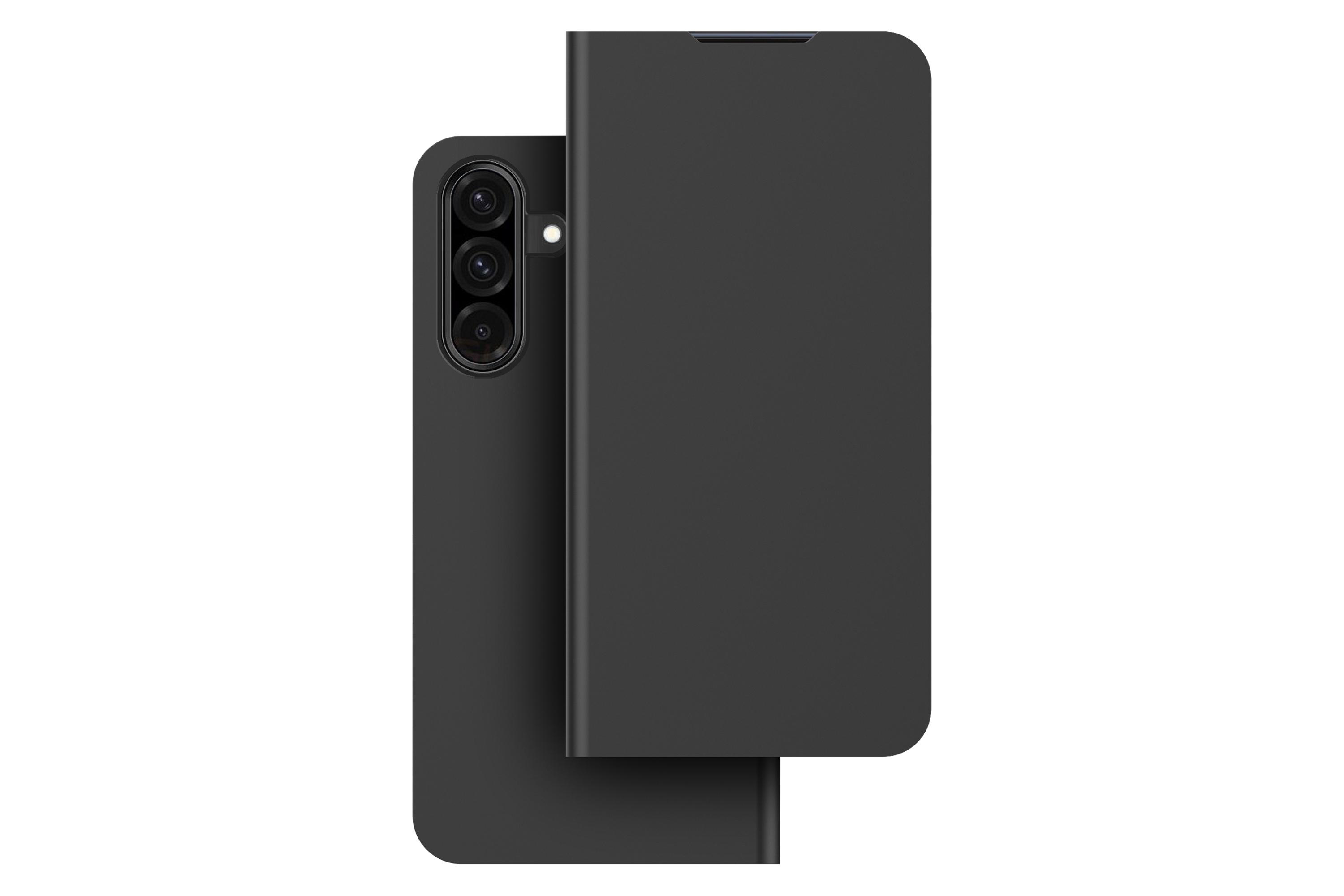 Gezeigt wird eine schwarze Smartphone-Hülle mit Klappdeckel. Die Hülle ist geschlossen, ein Kameramodul ist sichtbar.