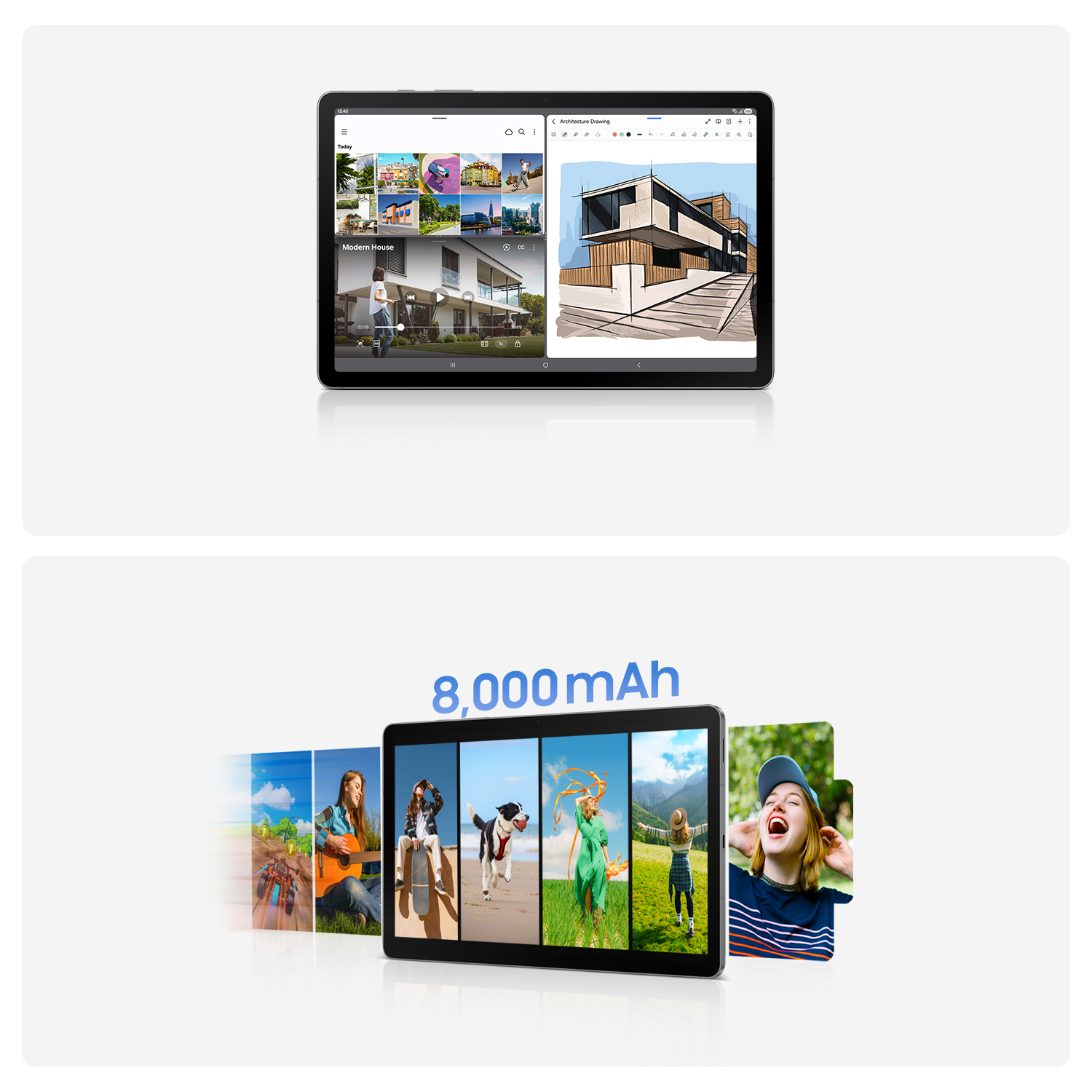 Una tableta muestra un boceto de diseño de casa y un video. Abajo, muestra imágenes de varias actividades y una capacidad de batería de 8.000 mAh.