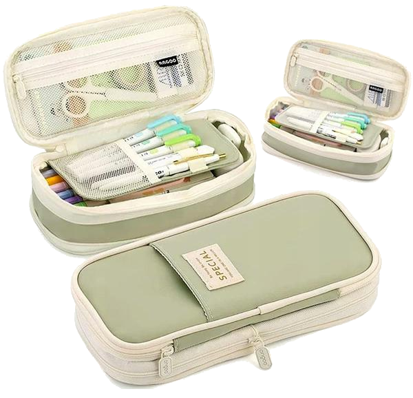 Trzy otwarte piórniki. Przedni piórnik ma długopisy i ołówki. Dwa pozostałe piórniki mają długopisy, nożyczki i inne materiały.