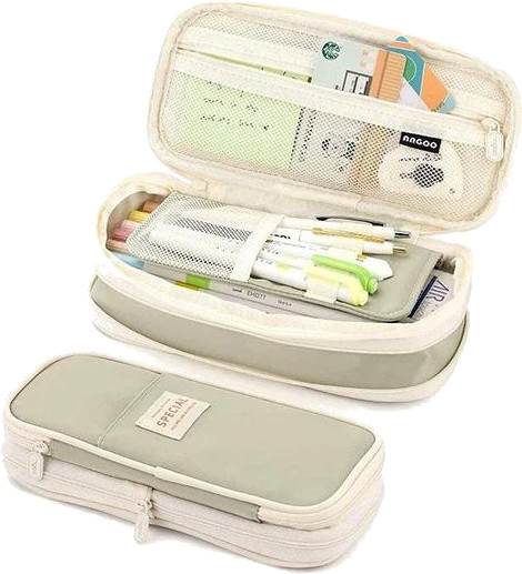 Otwarty piórnik z artykułami piśmienniczymi. Widoczne długopisy, ołówki, notatki i karty.